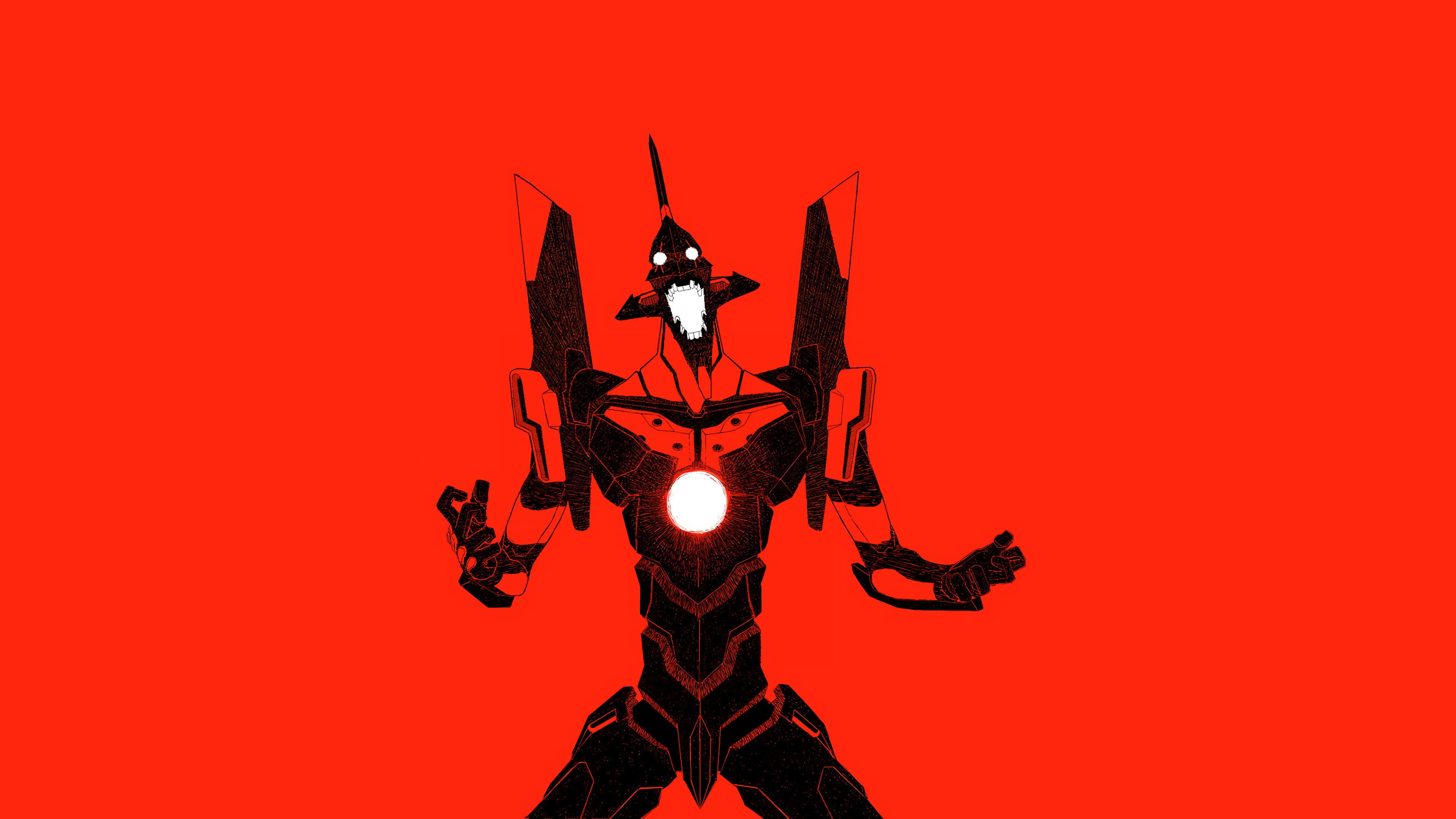 evangelion 4K 桌布 壁紙 — 一個黑色生化機械怪物，發著白光的眼睛和胸部核心，站在純紅色背景前。