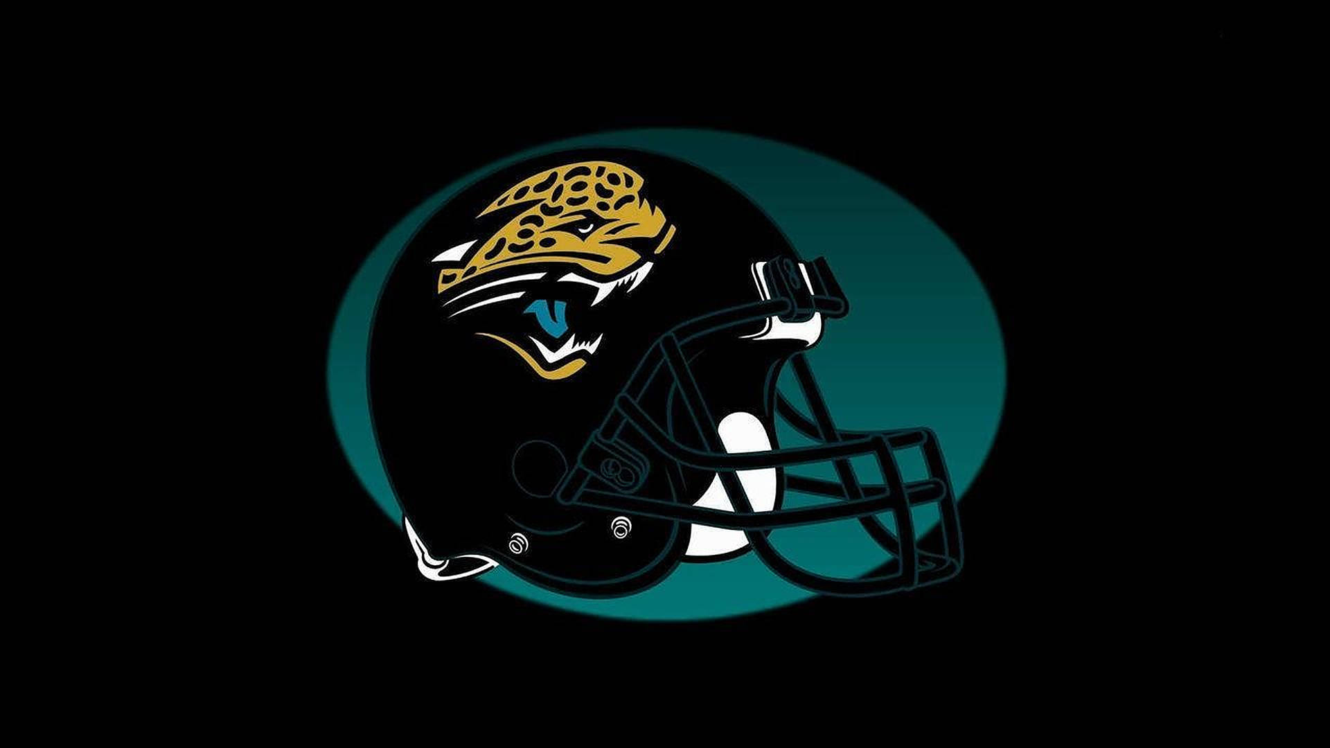 Jaguars 桌布 壁紙 — 一個黑色的傑克遜維爾美洲虎橄欖球頭盔，帶有咆哮的美洲虎標誌，在黑色背景上的深青色橢圓形中發光。