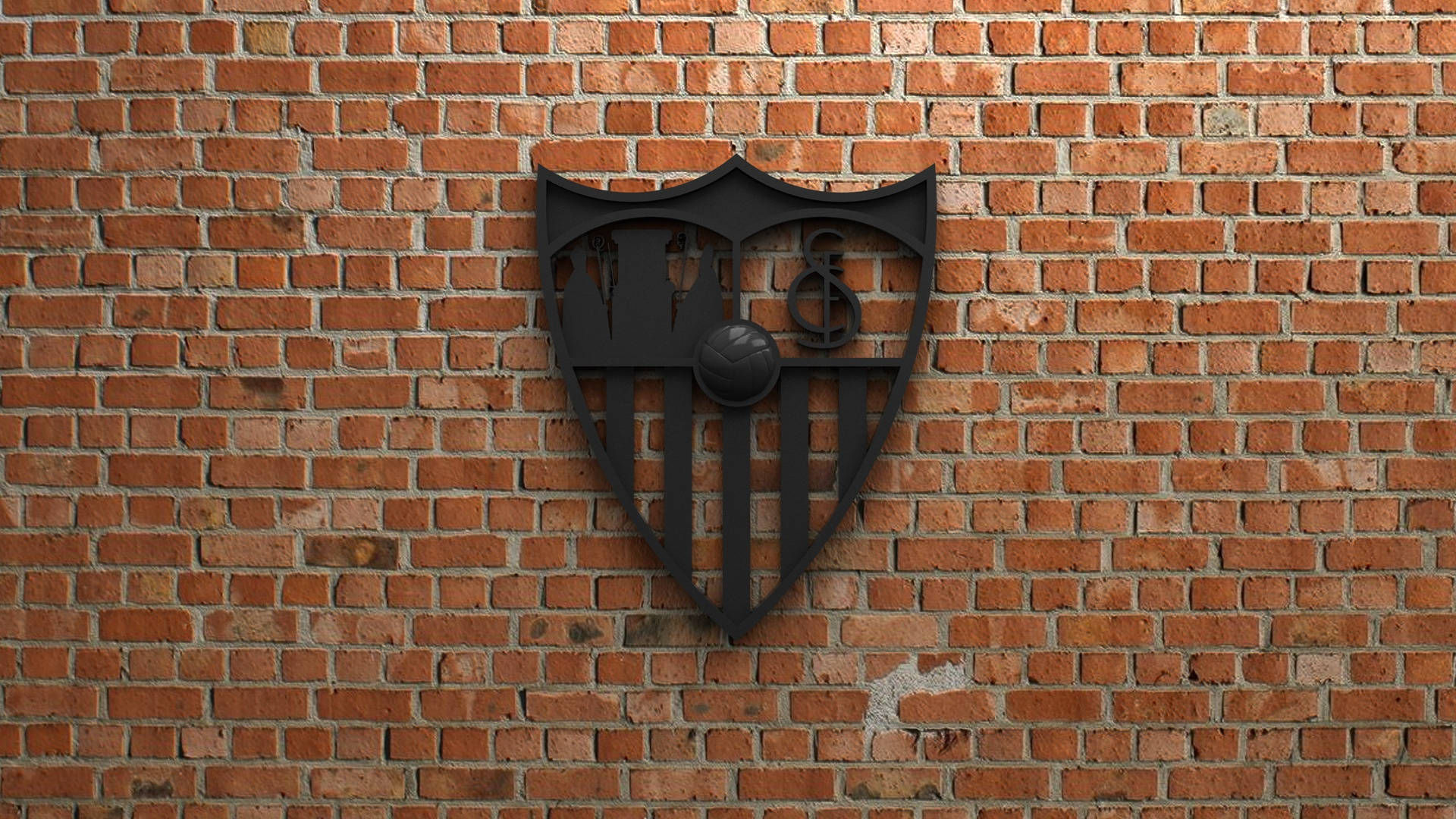 sevilla fc 桌布 壁紙 — 一個黑色的塞維利亞FC會徽安裝在風化的紅磚牆上，可見砂漿線和細微紋理。