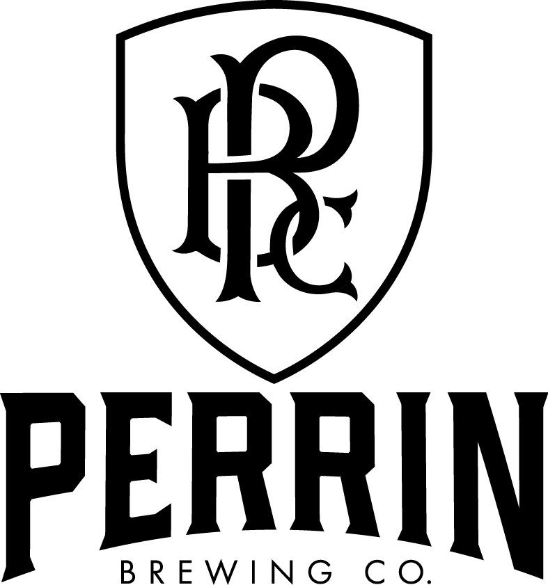 Company Logo 桌布 壁紙 — 一個黑色盾牌標誌，上面有交織的字母縮寫，下方是粗體文字 Perrin Brewing Co.，背景為純綠色。