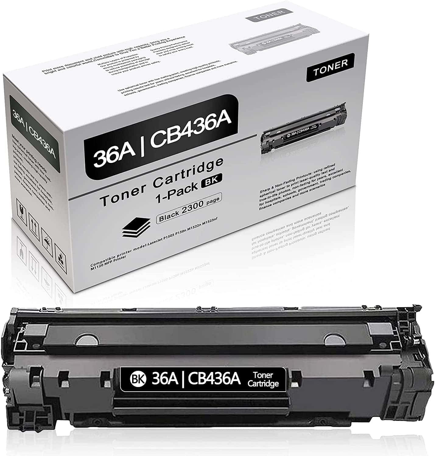 Toner 桌布 壁紙 — 一個黑色碳粉匣 CB436A 放置在其白色包裝盒下方，置於反光表面上。