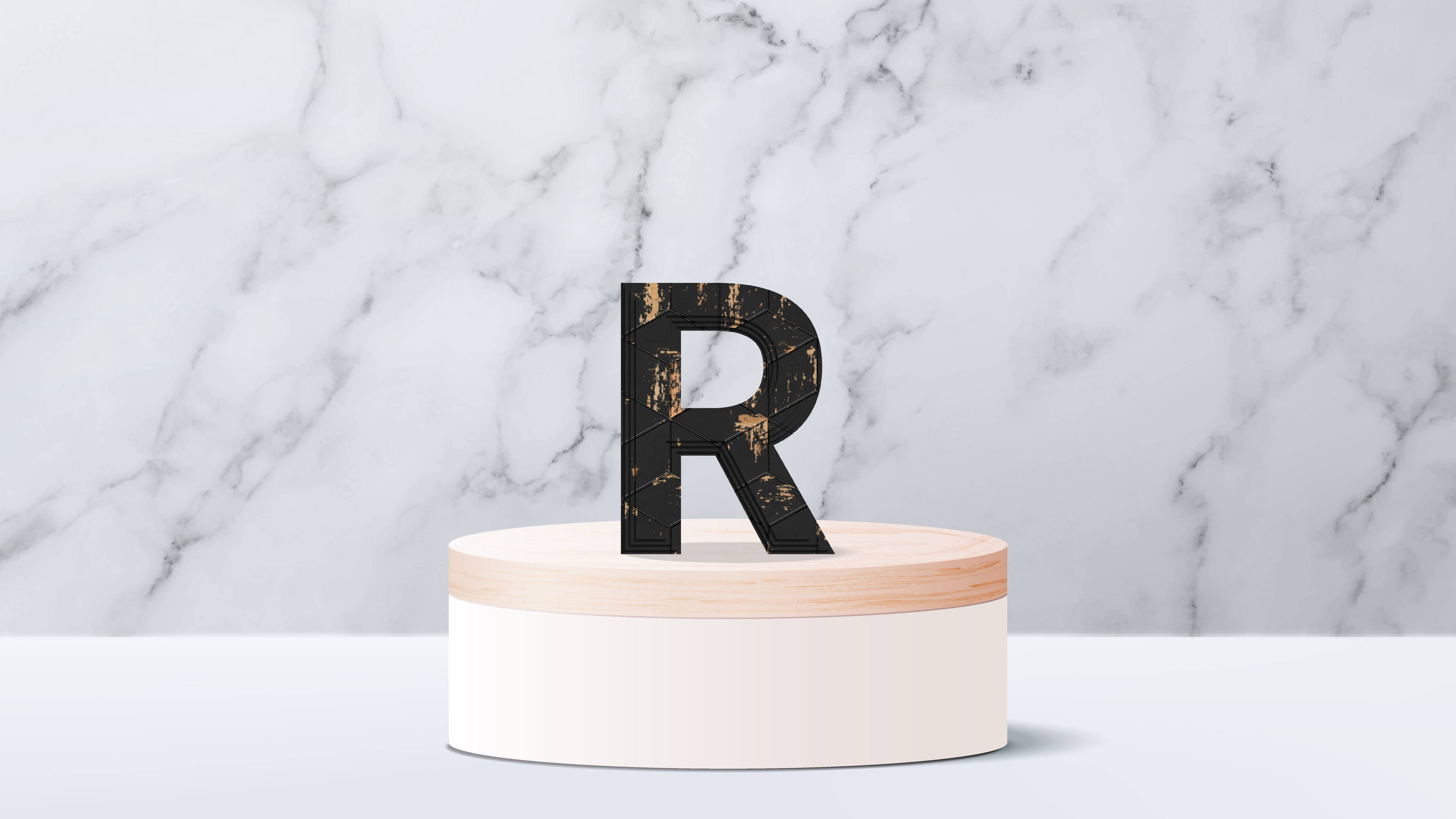 字母動畫 桌布 壁紙 — 一個黑色磨損的字母R，立在一個極簡風格的木質白色底座上，背景是白色大理石牆。