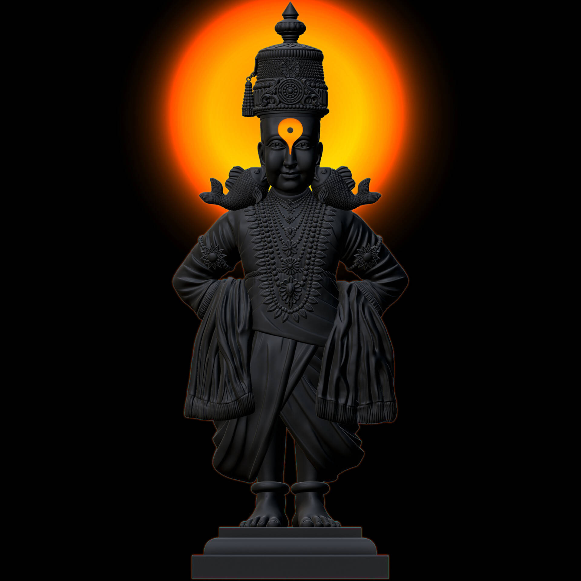 Statue Aesthetic 桌布 壁紙 — 一個黑色神像，肩上扛著魚，站在發光的橙色太陽前，背景是黑暗的。