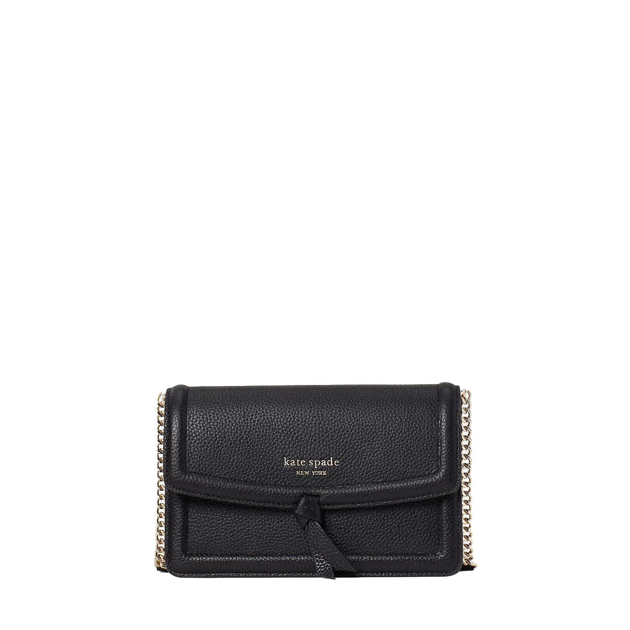 Kate Spade 桌布 壁紙 — 一個黑色紋理Kate Spade斜背包，配有金色鏈條肩帶和正面蝴蝶結，背景為白色。