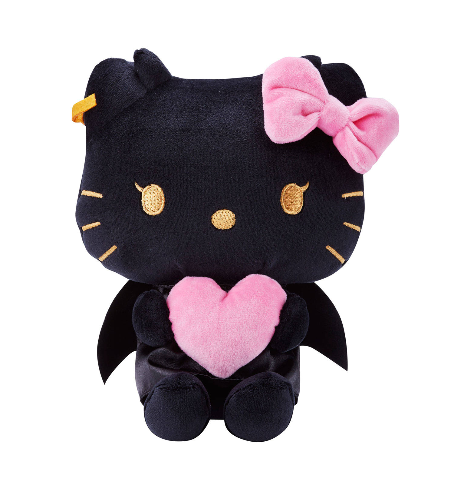 Hello Kitty Halloween 桌布 壁紙 — 一個黑色絨毛Hello Kitty公仔，帶有粉紅色蝴蝶結和蝙蝠翅膀，在白色背景上拿著一個粉紅色心形。