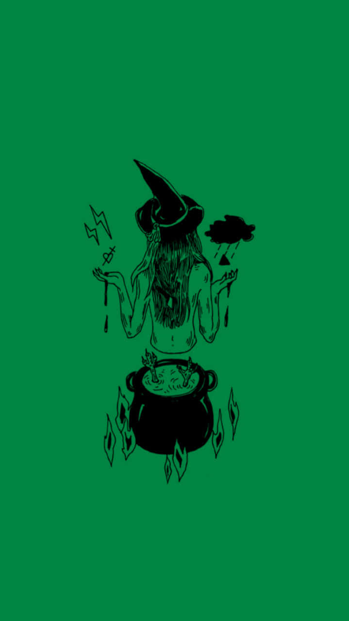 Witch Aesthetic 桌布 壁紙 — 一個黑色線條藝術的女巫，長髮，戴尖帽，在純綠色背景上攪拌著火焰上冒泡的大鍋。