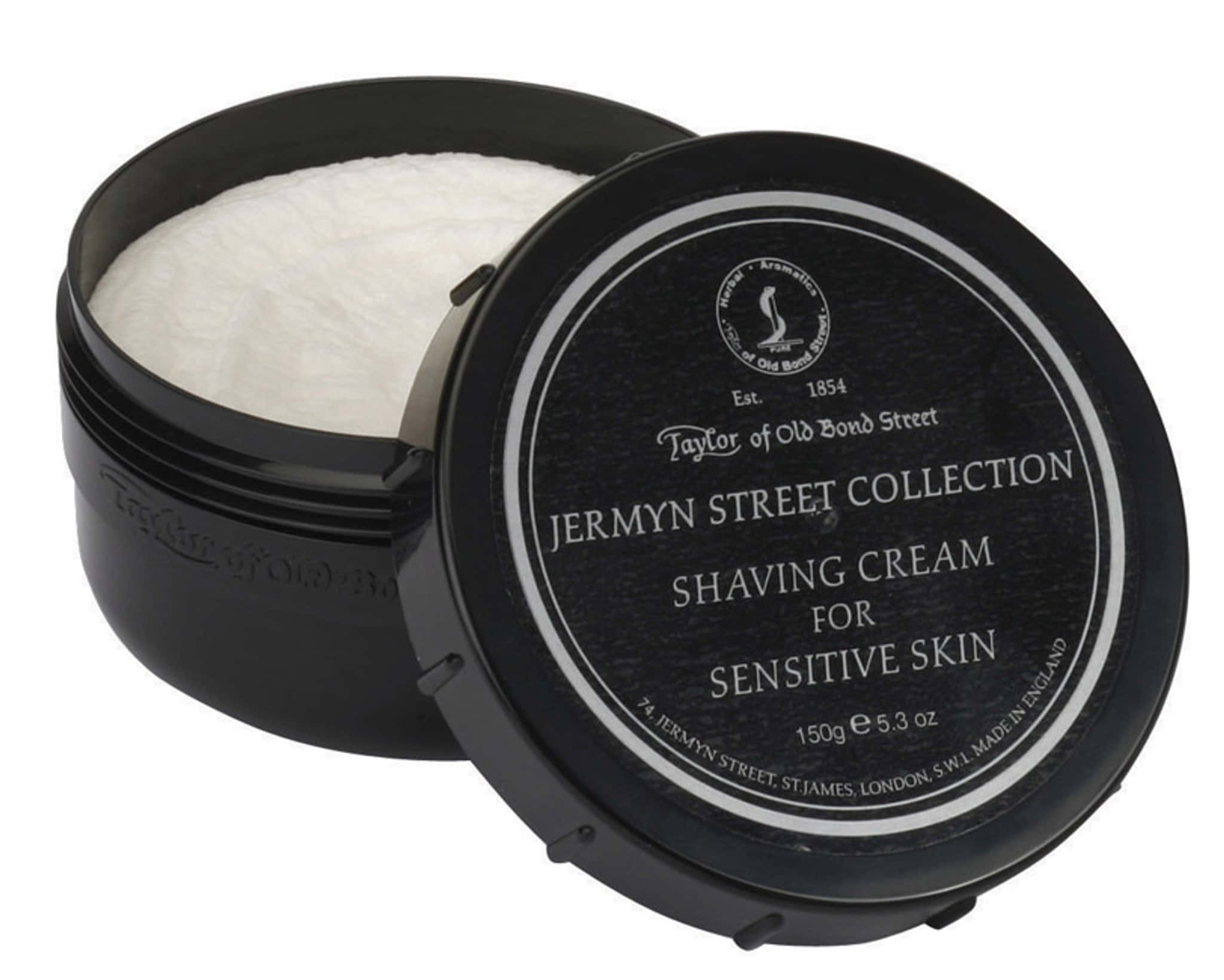 Shaving Cream 桌布 壁紙 — 一個黑色罐裝的Taylor of Old Bond Street刮鬍膏，專為敏感肌膚設計，內含質地細膩的白色乳霜。