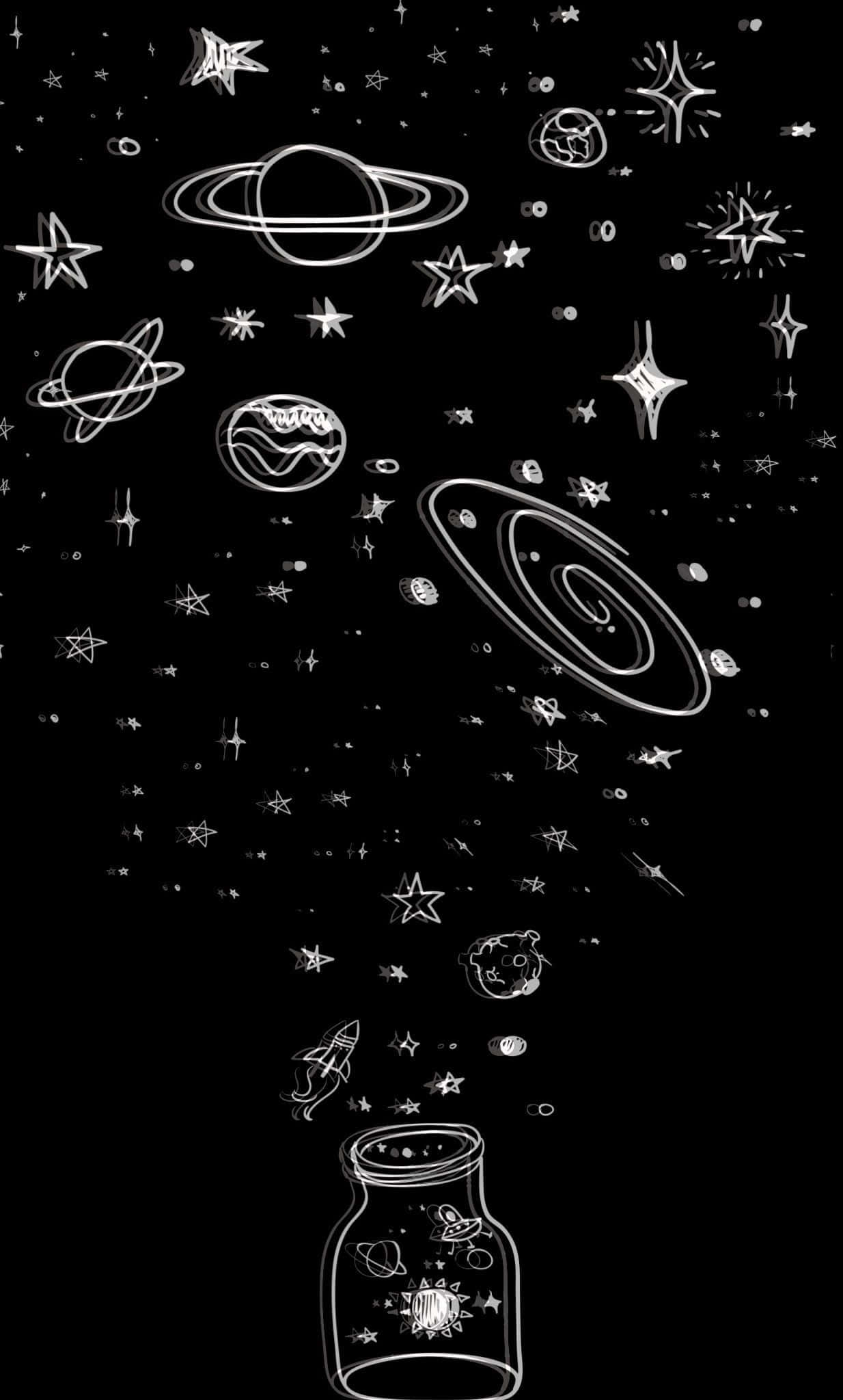 太空 桌布 壁紙 — 一個黑色背景上，從玻璃罐中飄出的天體和星星的奇幻白色線條畫。