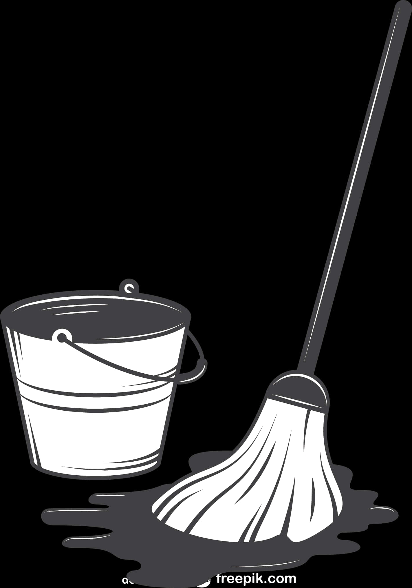 Clean 桌布 壁紙 — 一個黑色背景上，拖把和水桶連同濺出液體的黑白插圖。
