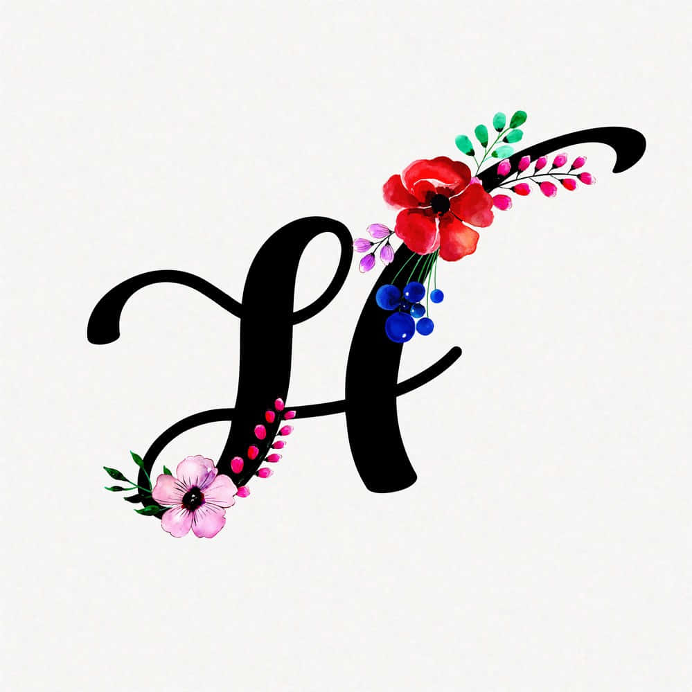字母動畫 桌布 壁紙 — 一個黑色草寫字母H，上面裝飾著紅色、粉紅色和藍色的花朵以及綠色的葉子，背景為白色。