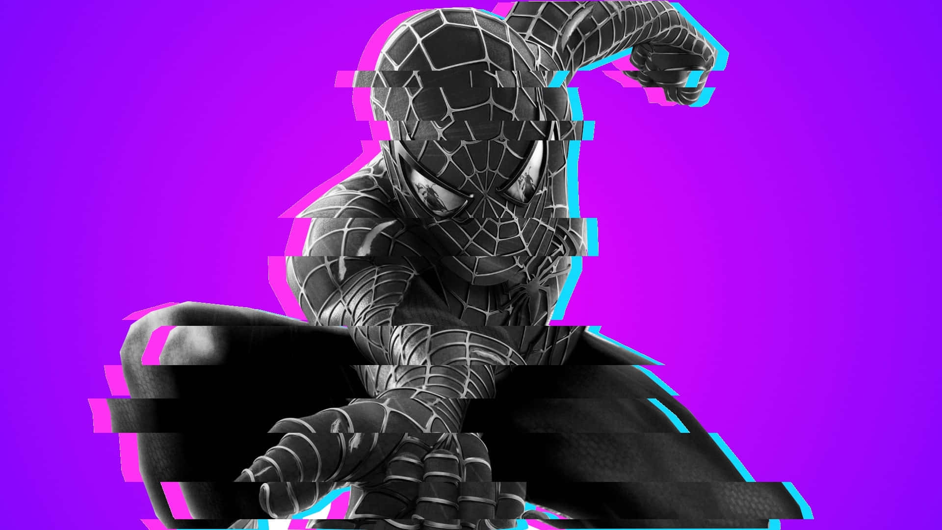Spider Man 3 桌布 壁紙 — 一個黑色蜘蛛人以故障效果動態蹲伏在帶有青色數位扭曲的鮮豔紫色背景上。
