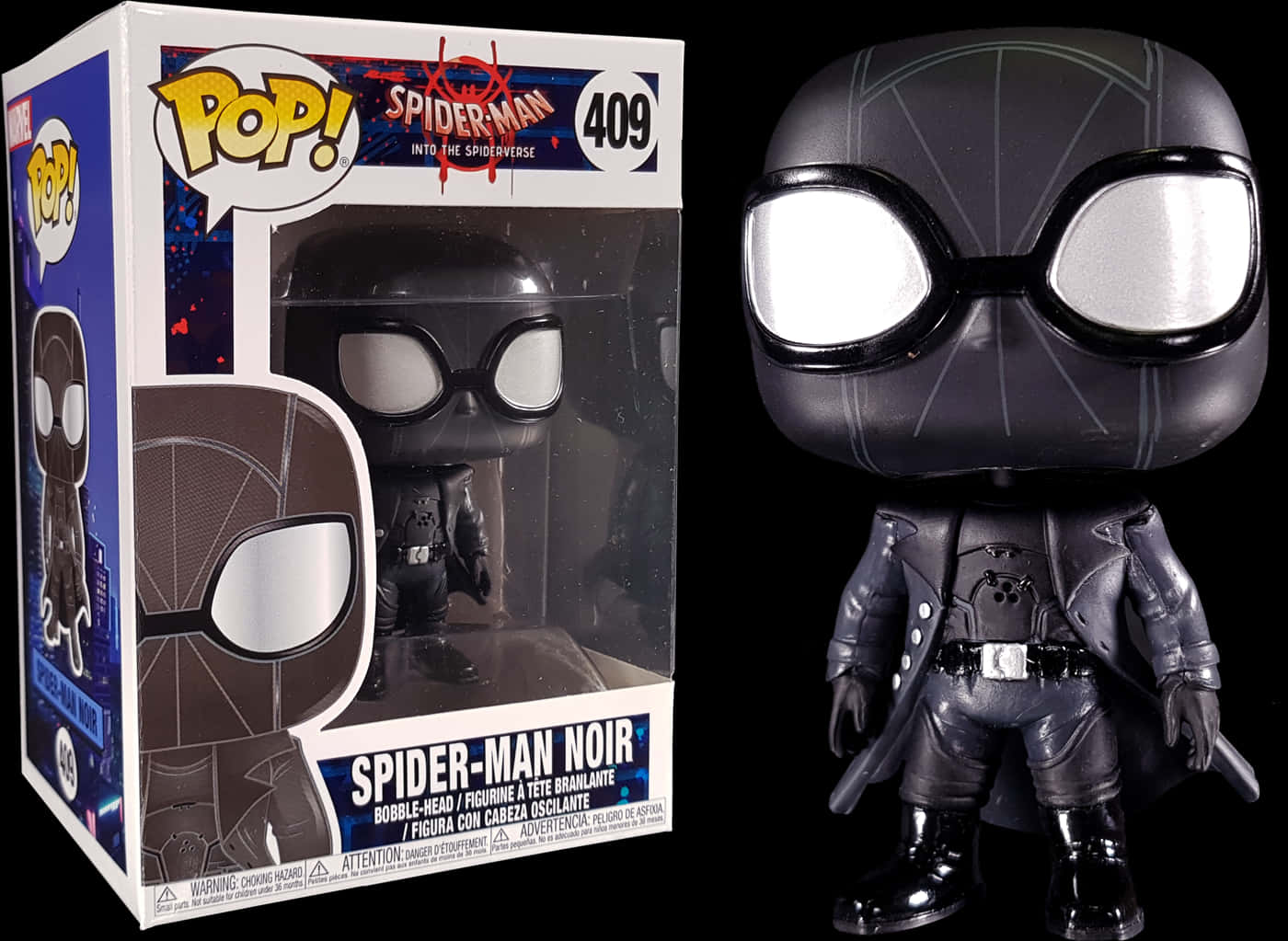 邁爾斯·莫拉雷斯 桌布 壁紙 — 一個黑色蜘蛛人黑色 Funko Pop! 軟膠公仔站在其收藏盒旁邊，背景為深色。