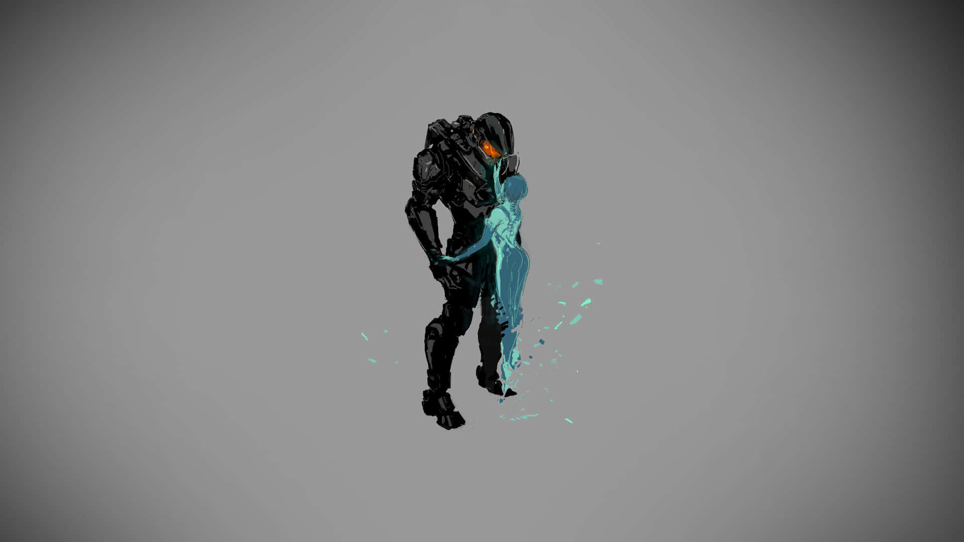 Halo Cortana 桌布 壁紙 — 一個黑色裝甲人物在純灰色背景上擁抱一個發光的青色人形人物。