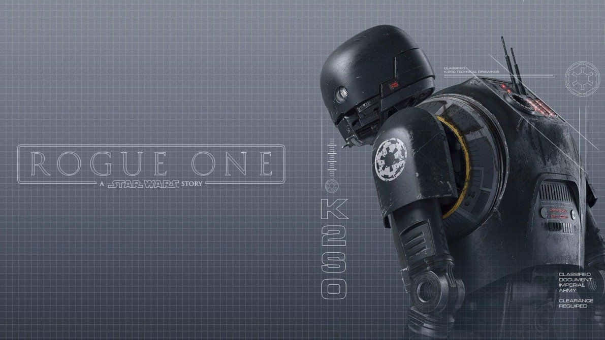 Star Wars Characters 桌布 壁紙 — 一個黑色裝甲機器人，戴著頭盔和帝國標誌，站在灰色網格背景前，帶有'Rogue One'文字。