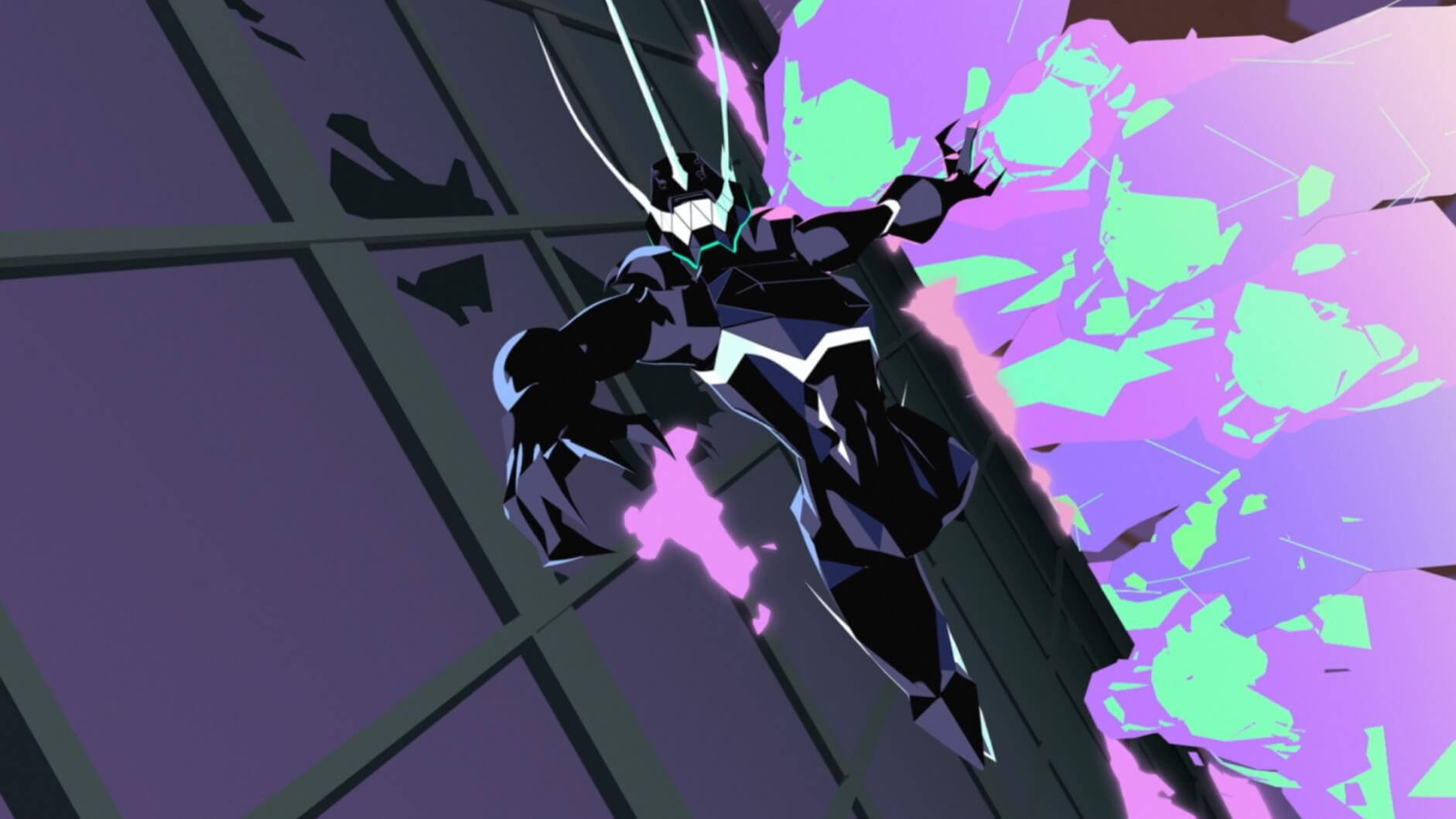 Promare 桌布 壁紙 — 一個黑色裝甲的超級英雄，擁有發光的白色眼睛和綠色能量爆發，在動態的動漫動作場景中衝破紫色玻璃牆。