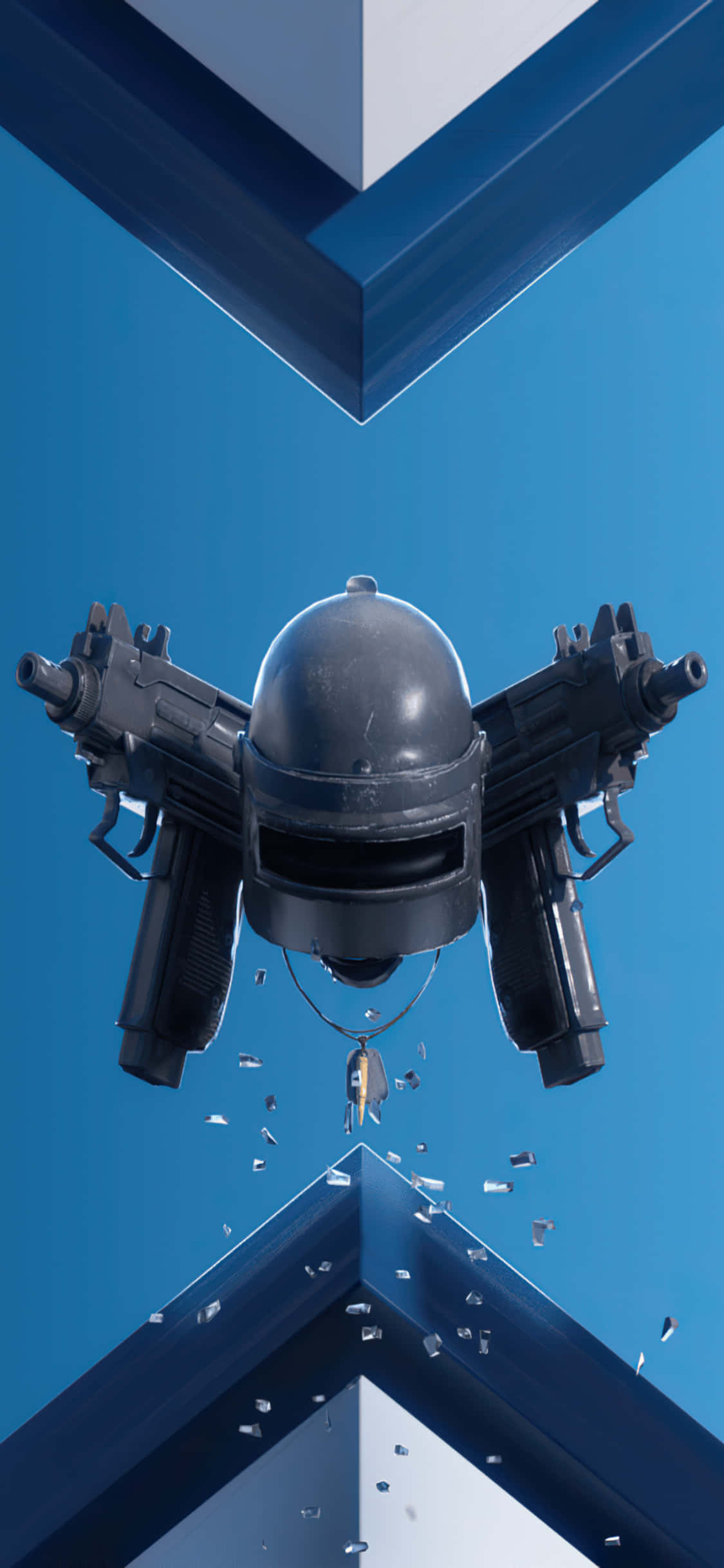 Playerunknown's Battlegrounds 桌布 壁紙 — 一個黑色裝甲頭盔，兩側綁著兩支槍，衝破一個藍色幾何框架，伴隨著碎裂的玻璃碎片。