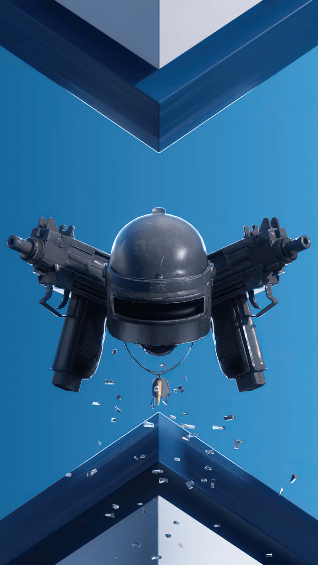 Playerunknown's Battlegrounds 桌布 壁紙 — 一個黑色裝甲頭盔，兩挺機槍懸掛在破碎的玻璃面板之間，背景是充滿活力的藍色。