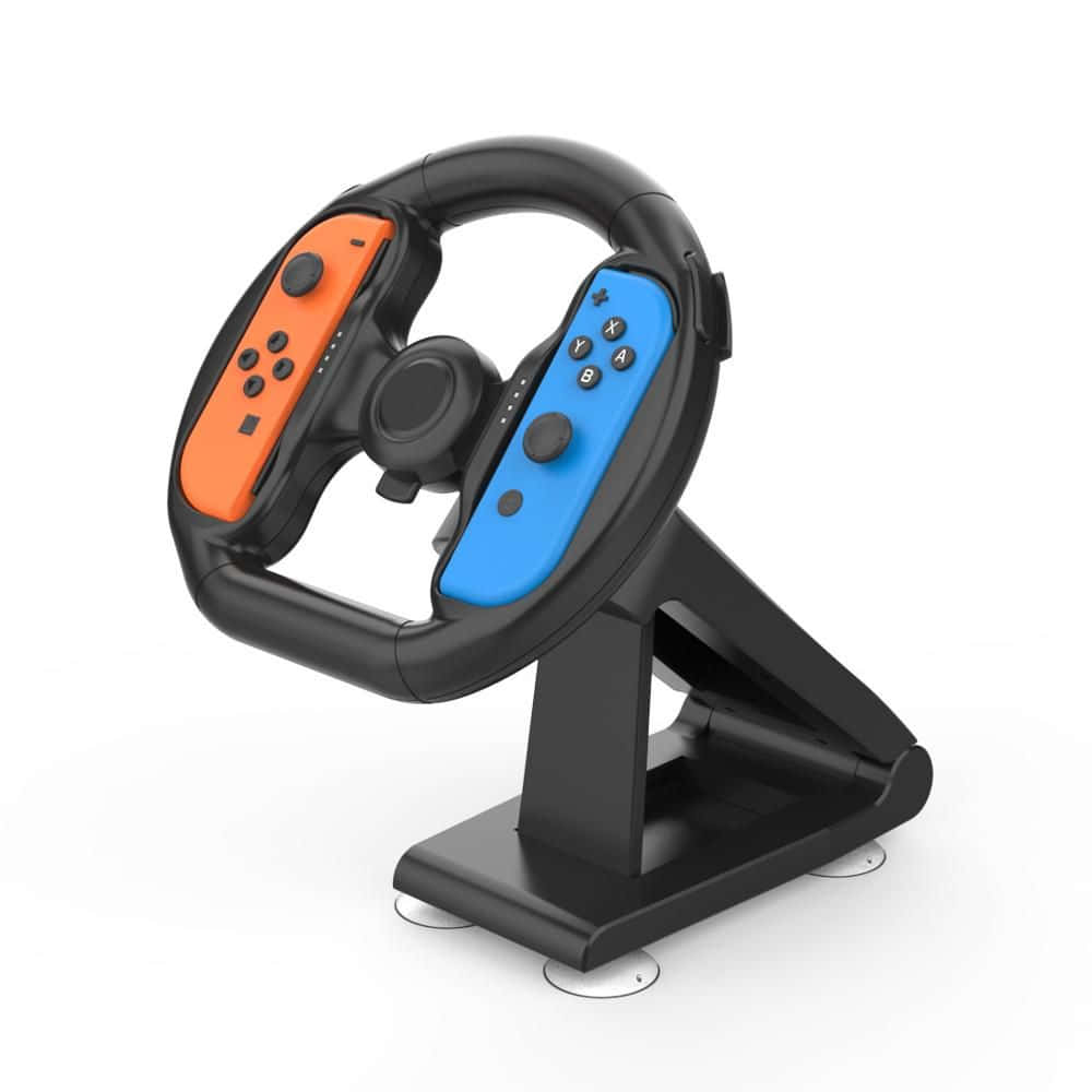 Gaming Accessories 桌布 壁紙 — 一個黑色賽車方向盤轉接器，在純白色背景上固定橙色和藍色的 Nintendo Switch Joy-Con。