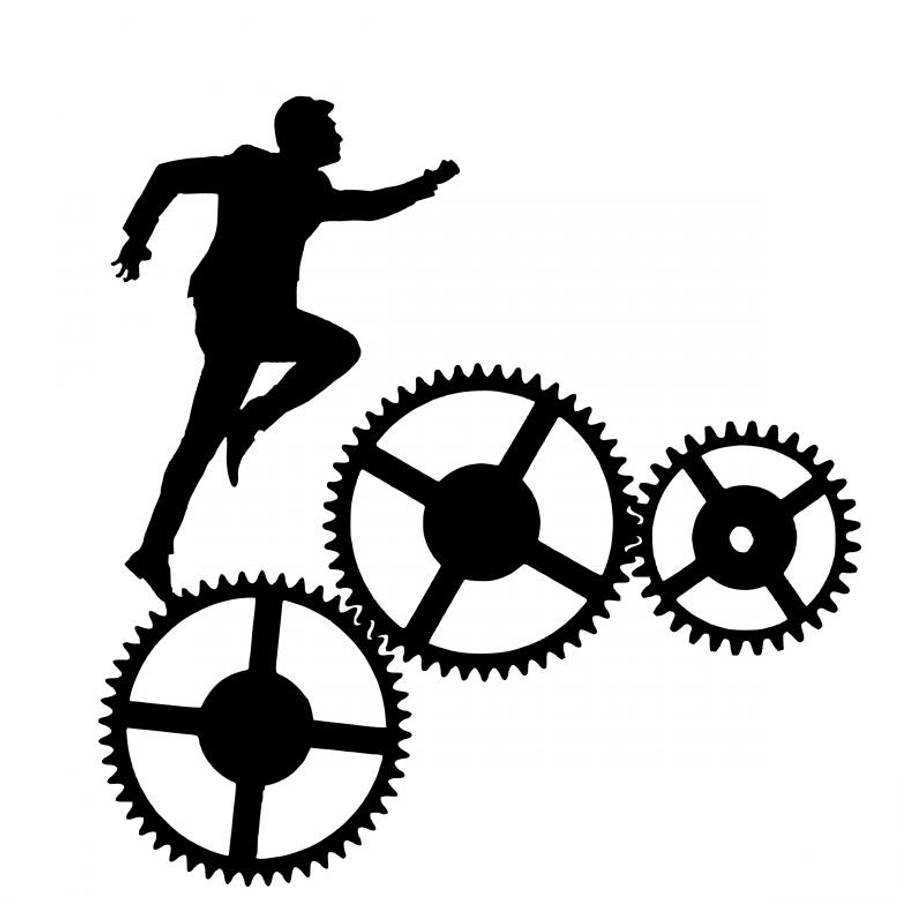 Motivation 桌布 壁紙 — 一個黑色跑步者的剪影動態地跳過三個相互嚙合的齒輪，背景是純白色。