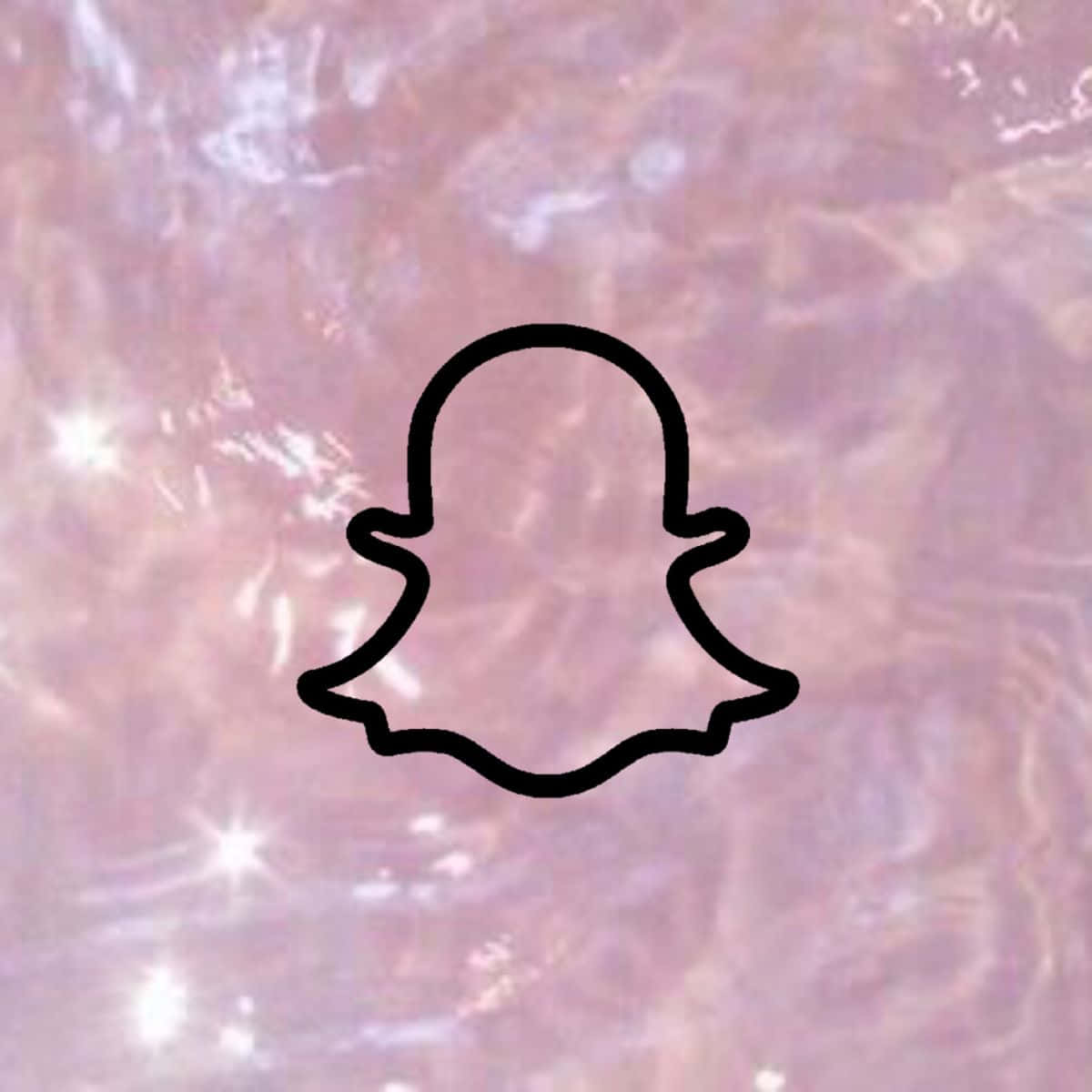 snap 桌布 壁紙 — 一個黑色輪廓的Snapchat鬼魂標誌漂浮在閃爍的粉紅和白色大理石紋背景上，帶有閃亮的高光。