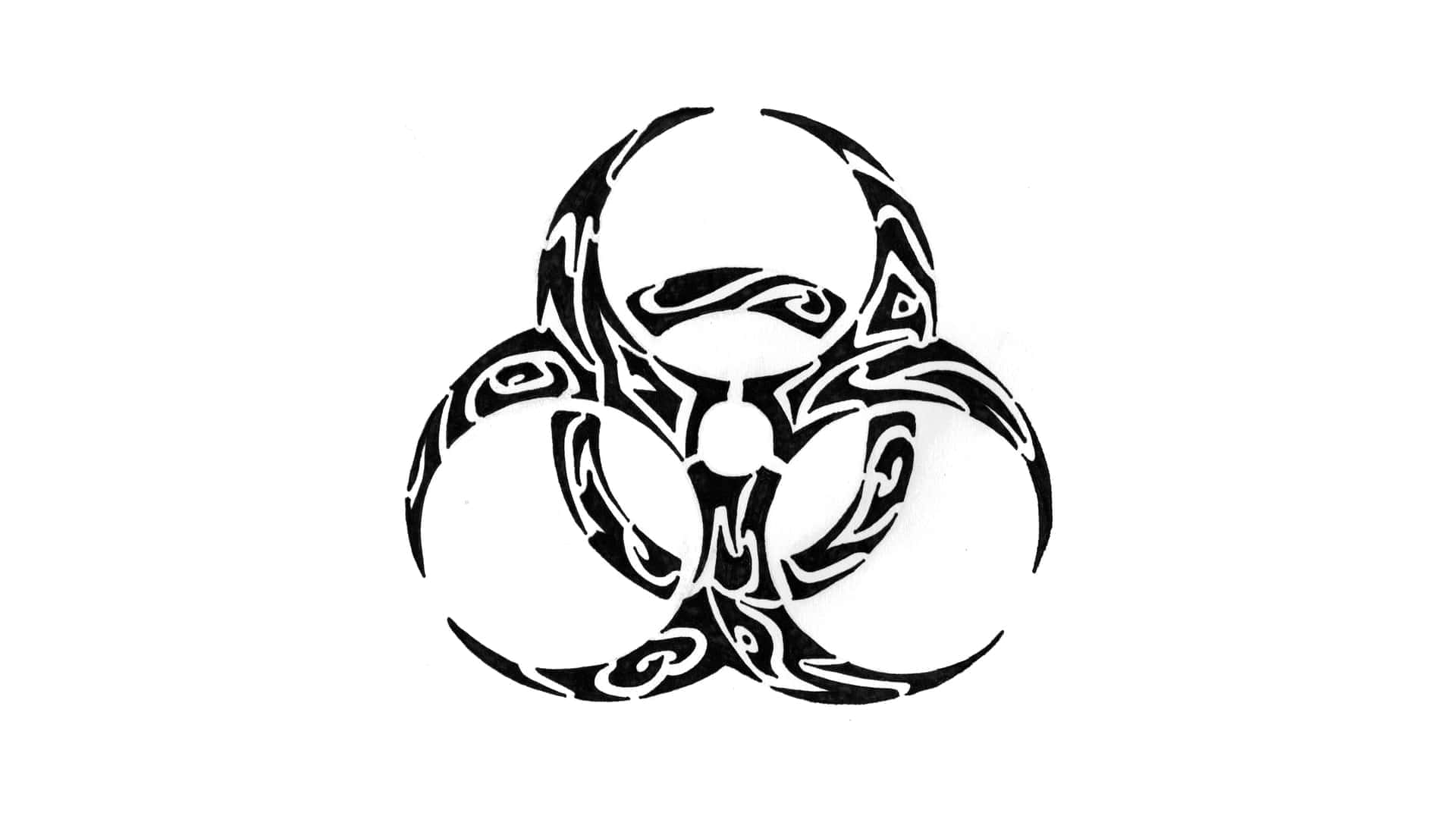 toxic 桌布 壁紙 — 一個黑色部落風格的生物危害標誌，帶有漩渦圖案，背景是純白色。