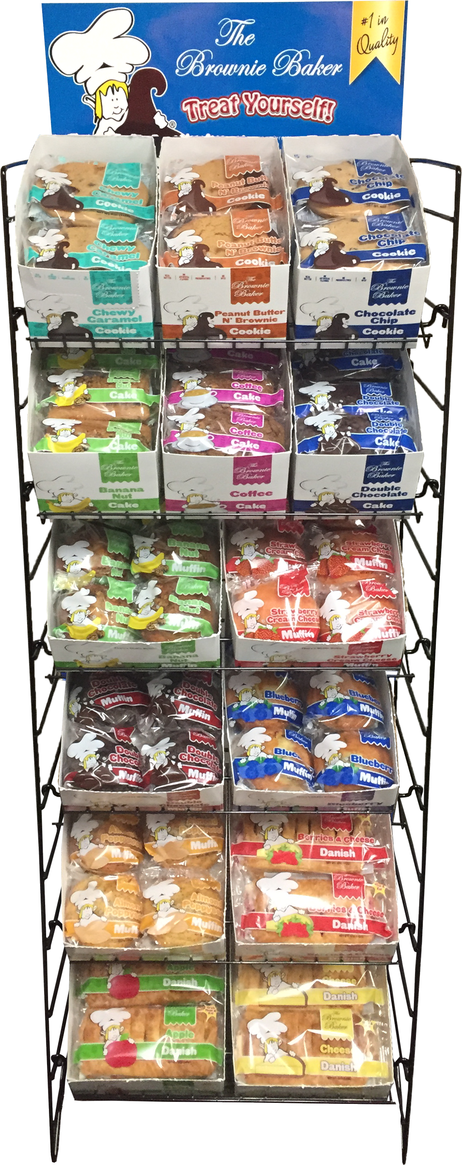 布朗尼 桌布 壁紙 — 一個黑色金屬架上陳列著各種包裝好的餅乾和烘焙食品，上方有藍色「The Brownie Baker」標誌。