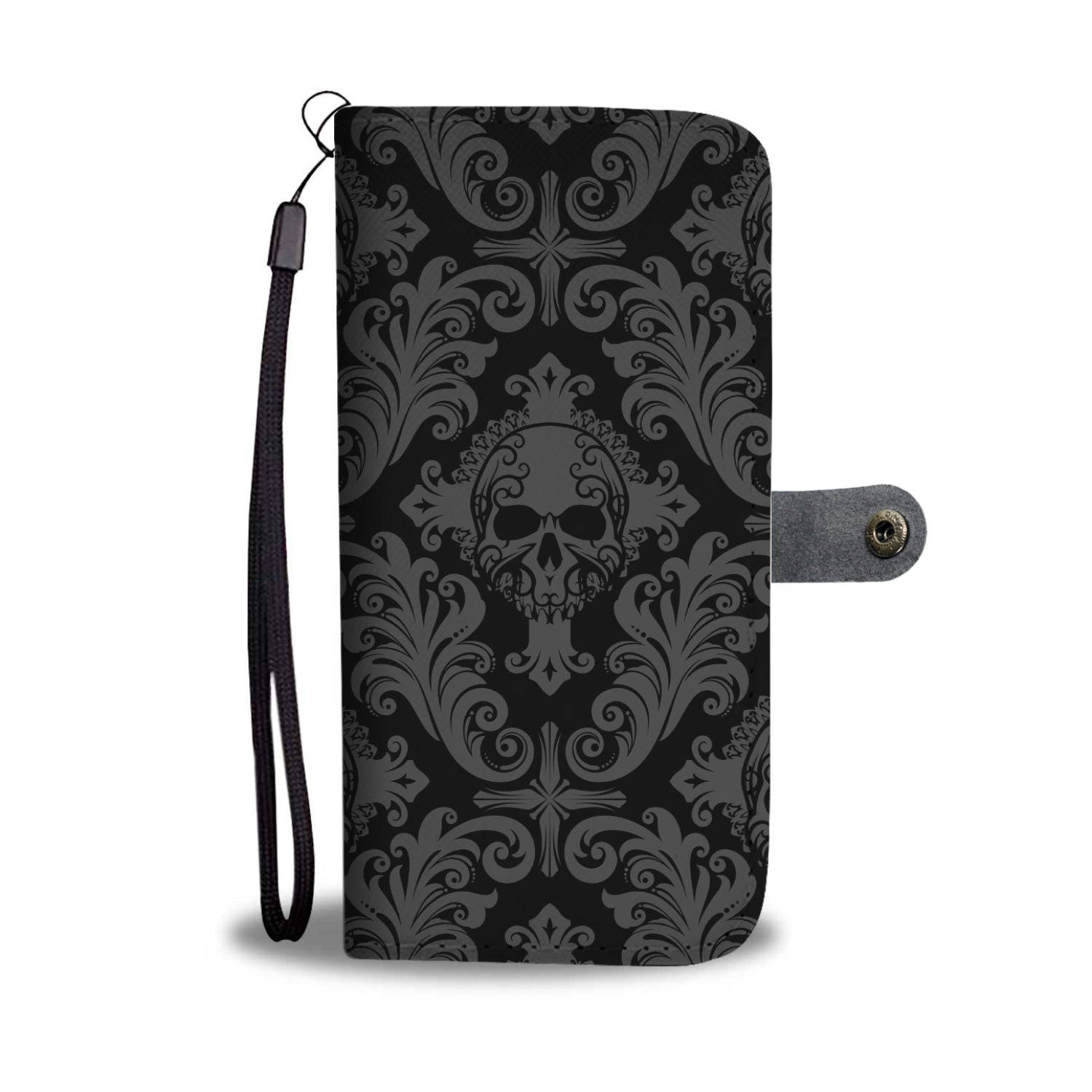 手機 桌布 壁紙 — 一個黑色錢包保護殼，帶有灰色華麗骷髏圖案和腕帶，背景為白色。