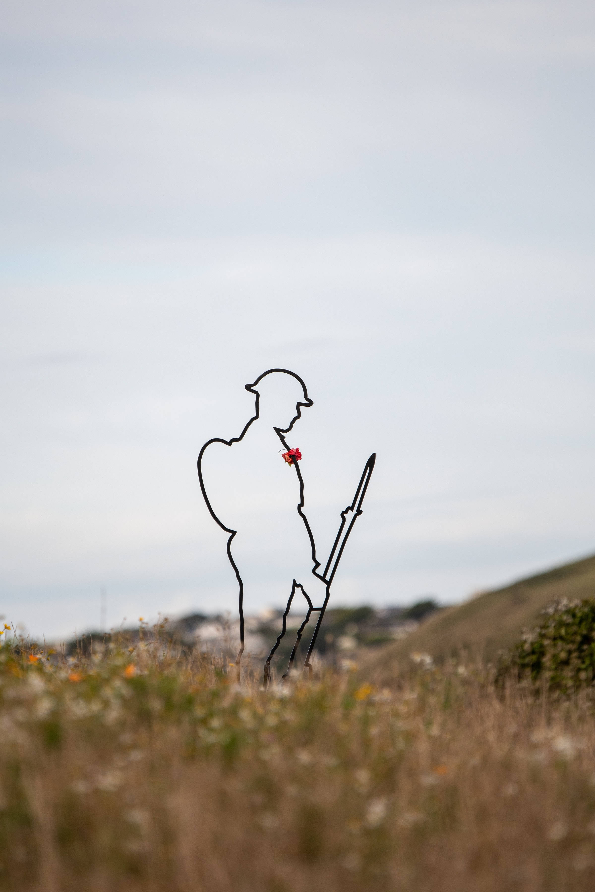 Remembrance 桌布 壁紙 — 一個黑色鐵絲雕塑，描繪一名士兵手持步槍，站在乾草田野中，天空多雲，胸前別著一朵紅色罌粟花。