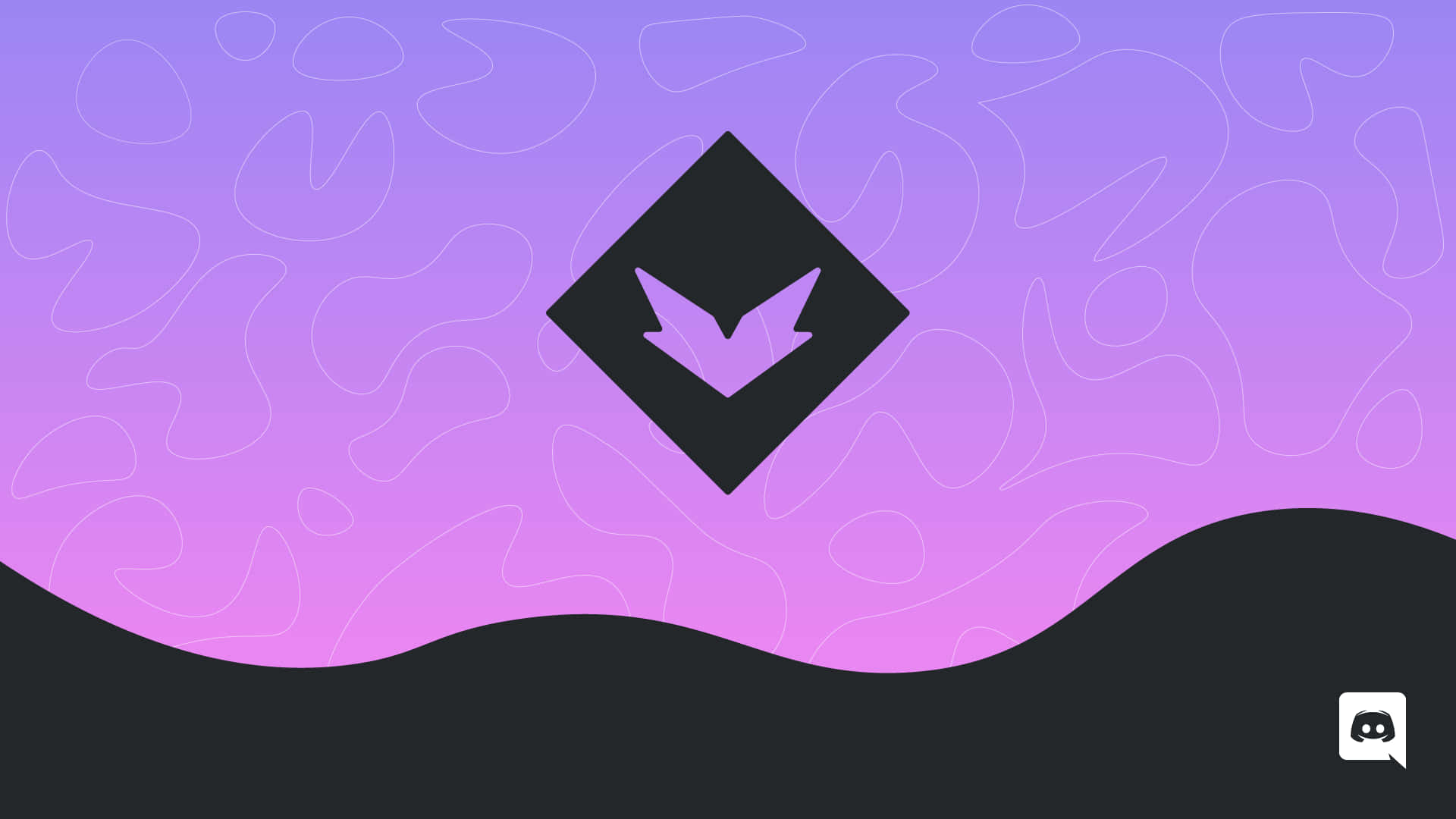 Discord 桌布 壁紙 — 一個黑色鑽石標誌，中央有紫色鳥類剪影，背景為紫色漸變，帶有白色抽象線條。