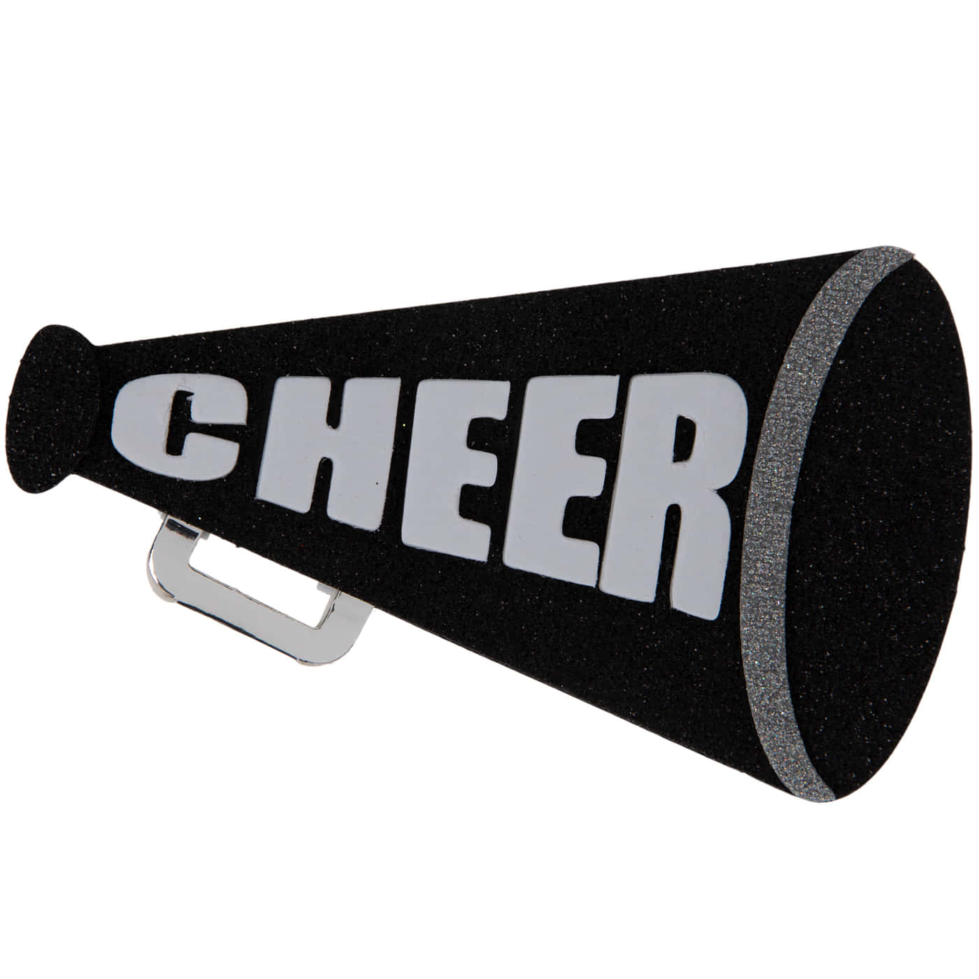 工具 桌布 壁紙 — 一個黑色閃亮擴音器，帶有粗體白色 'CHEER' 文字和銀色手柄，背景為純白色。