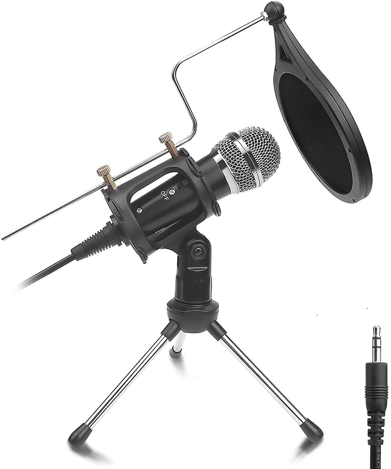 Microphone 桌布 壁紙 — 一個黑色電容麥克風連防噴罩，安裝在三腳架上，背景為白色。