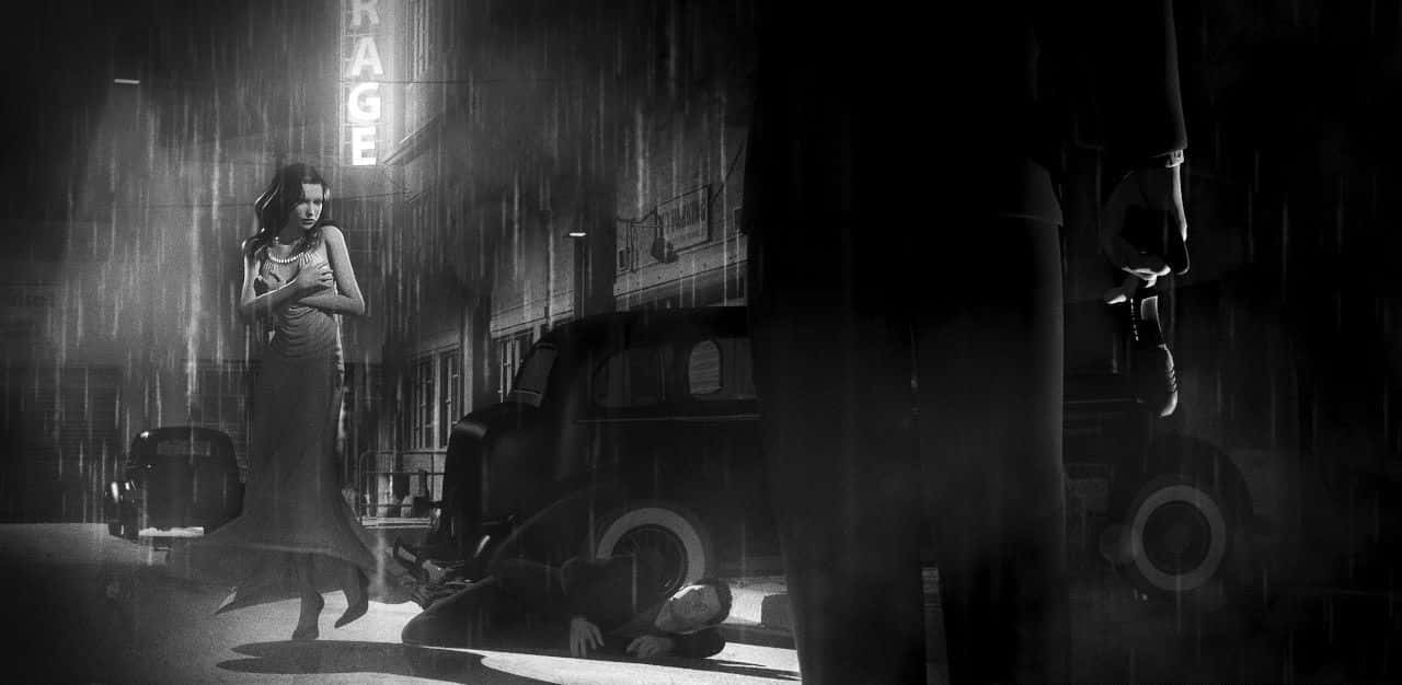 Film Noir 桌布 壁紙 — 一個黑色電影風格的黑白場景，一名女子在夜晚的雨濕街道上行走，附近有一個倒下的男人和一輛老爺車。