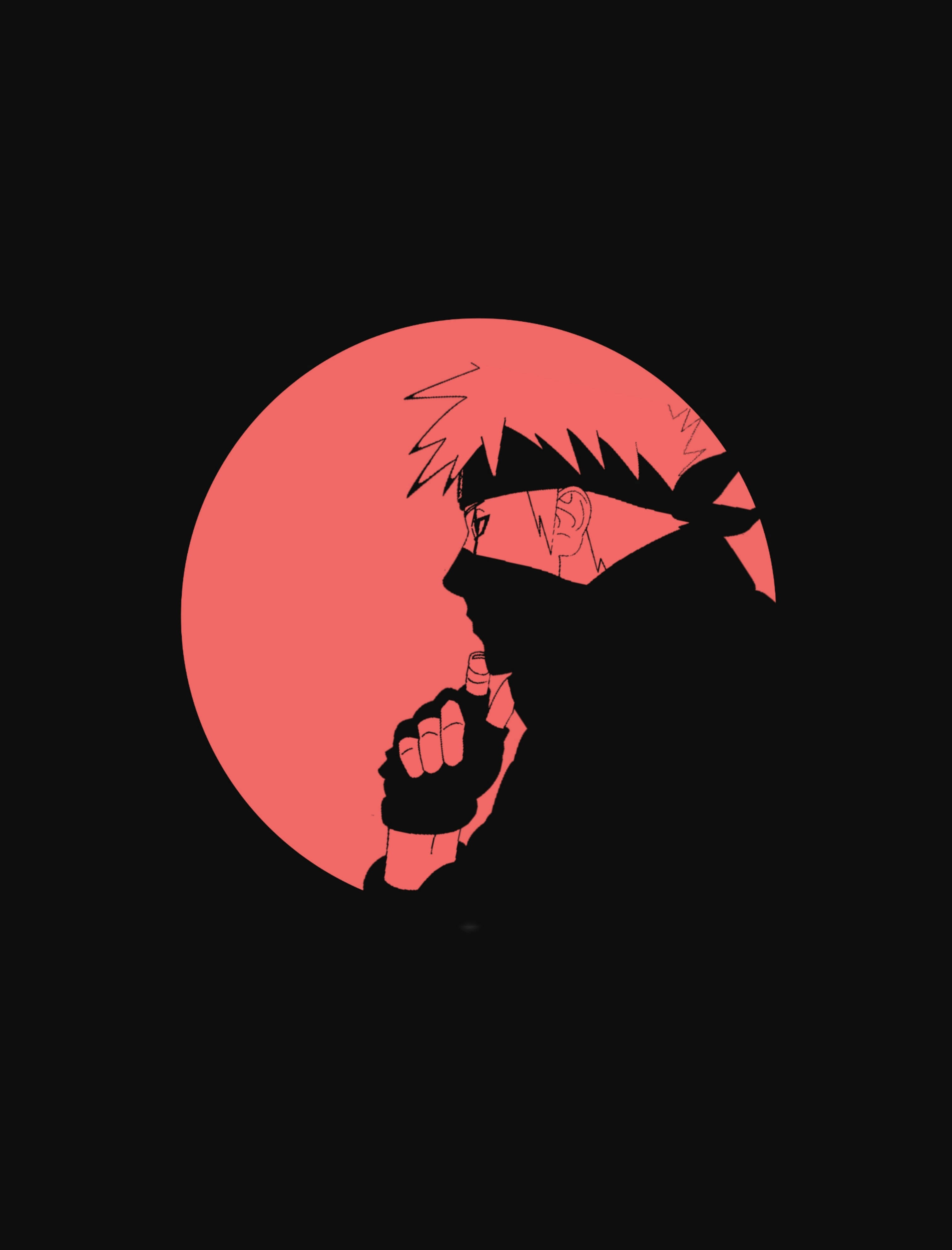 kakashi pfp 桌布 壁紙 — 一個黑色面具、刺蝟頭髮的動漫角色剪影，背景是發光的紅色圓形。