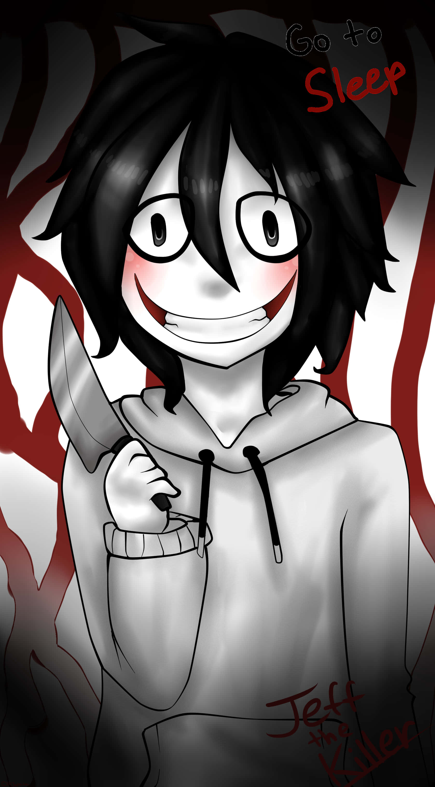 Jeff The Killer 桌布 壁紙 — 一個黑色頭髮、咧嘴大笑的卡通角色，在紅白條紋背景上手持一把刀，並附有文字。
