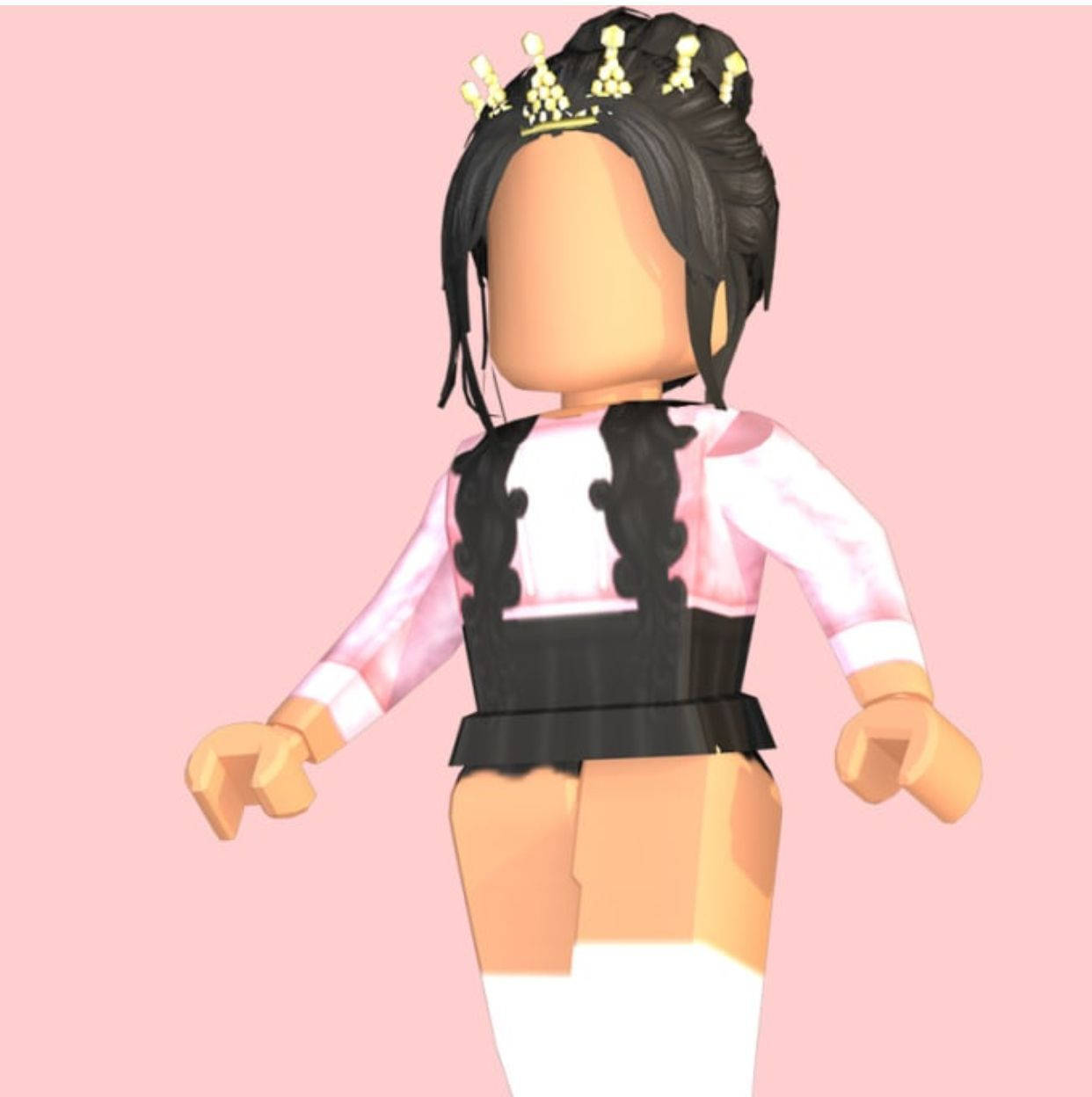 Roblox 桌布 壁紙 — 一個黑色頭髮、戴著金色皇冠的Roblox虛擬角色，身穿粉紅色和黑色的服裝，背景為純粉紅色。