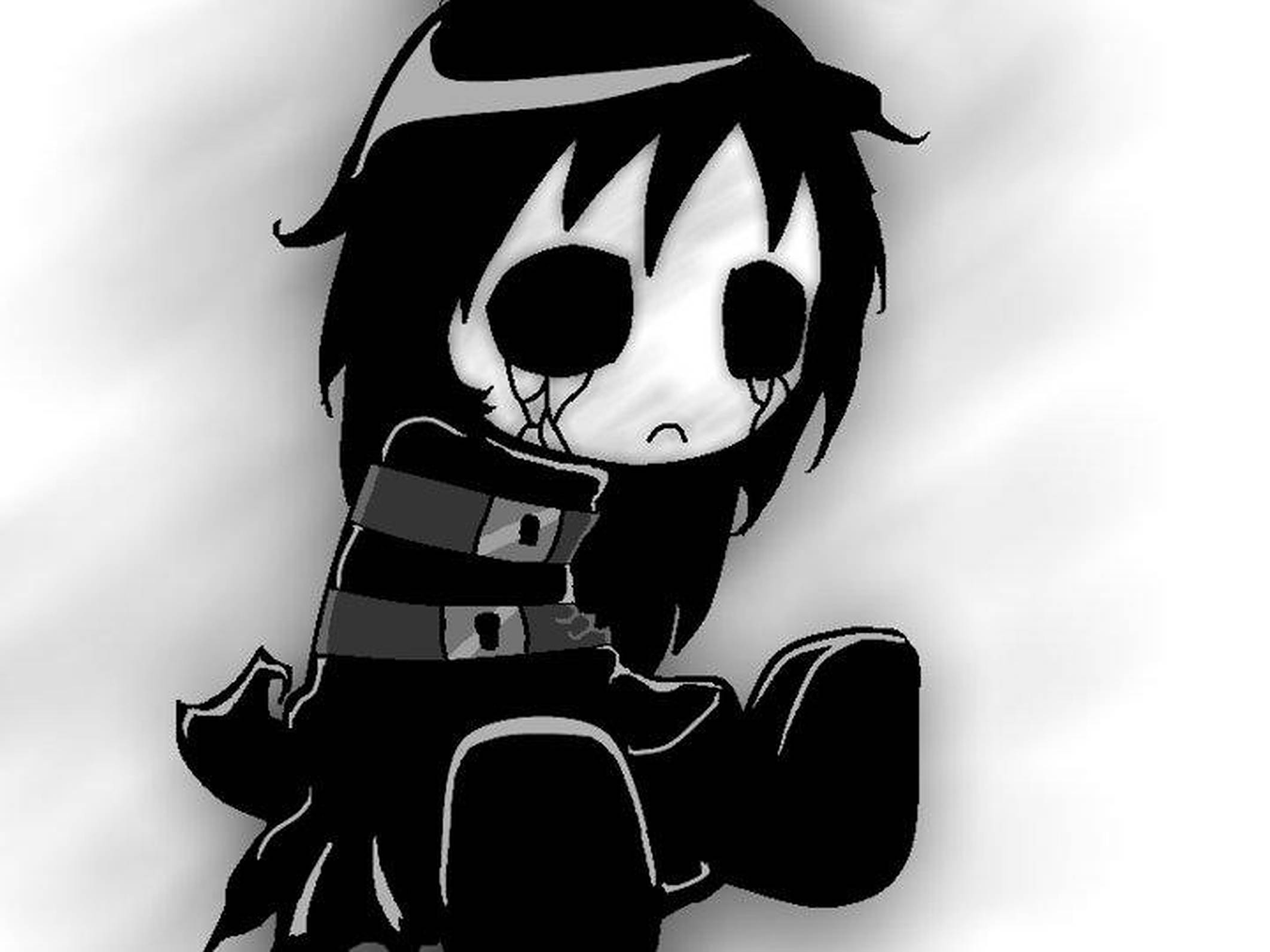 emo 頭像 桌布 壁紙 — 一個黑色頭髮、眼神空洞的Q版動漫角色，在柔和的灰色背景前緊抓著一條條紋圍巾哭泣。