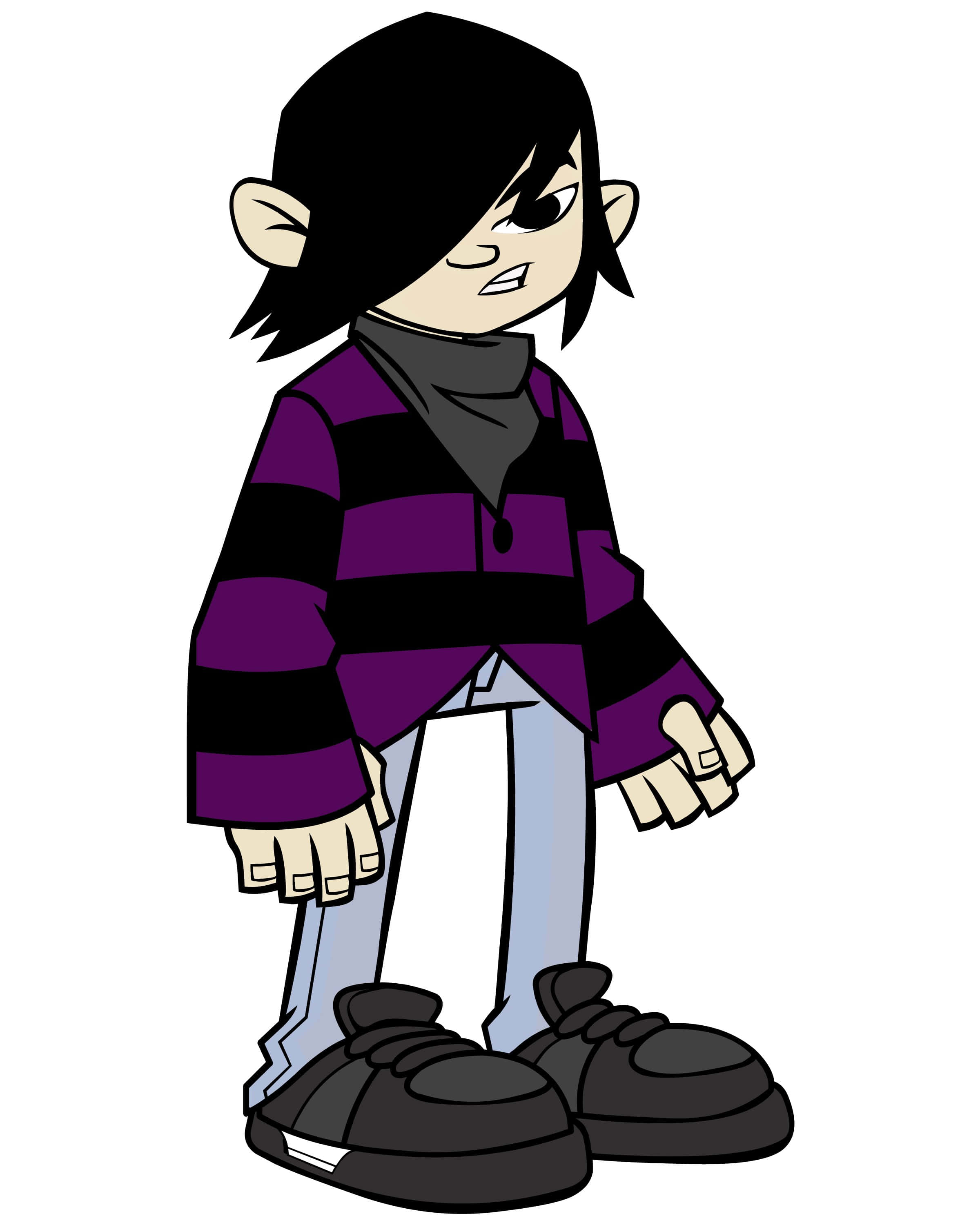 Emo Anime Boy 桌布 壁紙 — 一個黑色頭髮、穿著紫色條紋襯衫的卡通角色，以自信的姿勢站立。