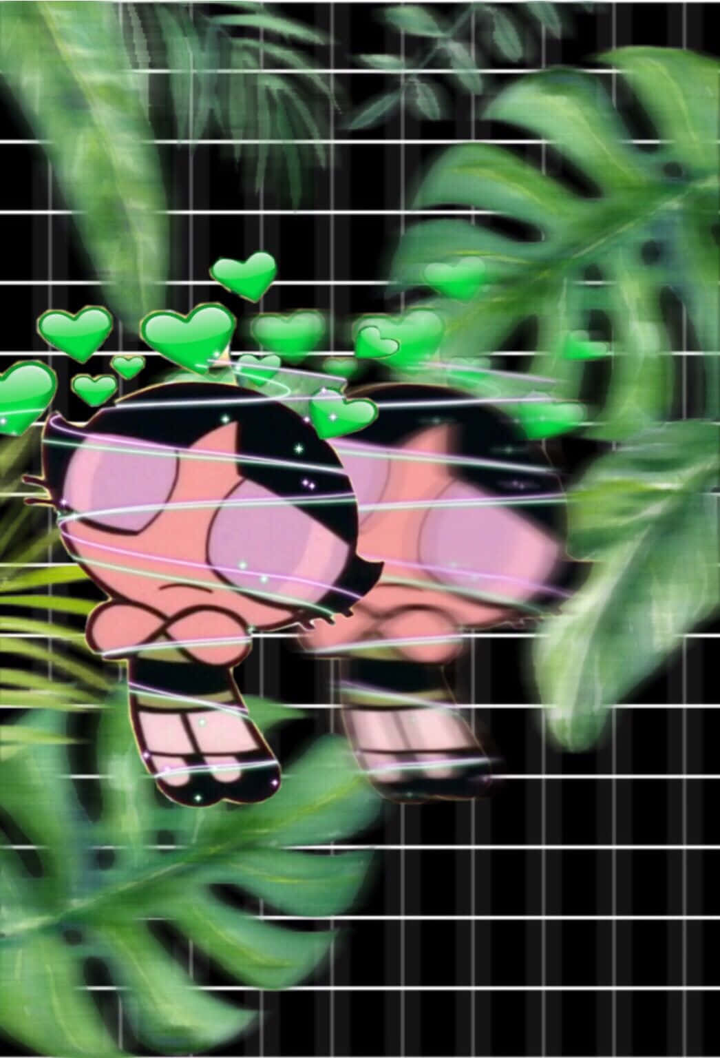 Buttercup Aesthetic 桌布 壁紙 — 一個黑色頭髮、粉紅色皮膚的卡通角色，被發光的綠色愛心和大型熱帶葉子環繞，背景是黑色網格。