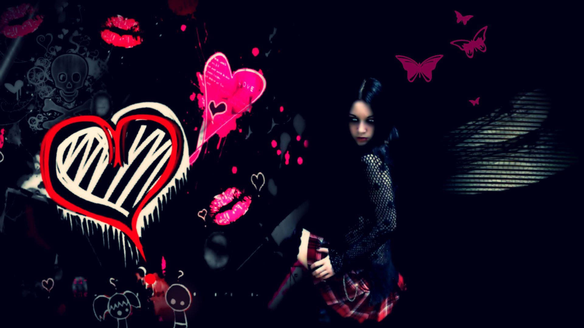 emo 桌布 壁紙 — 一個黑色頭髮、紅色格子裙的暗黑哥德女孩站在塗鴉心形和粉紅色蝴蝶旁邊，背景為黑色。