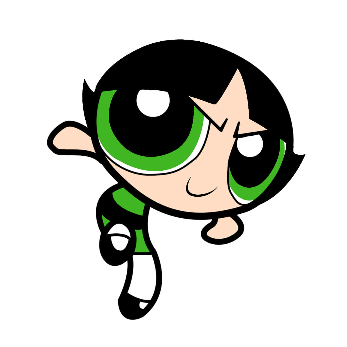 Buttercup Aesthetic 桌布 壁紙 — 一個黑色頭髮、綠色眼睛的卡通角色，在白色背景前做出動態飛行的姿勢。