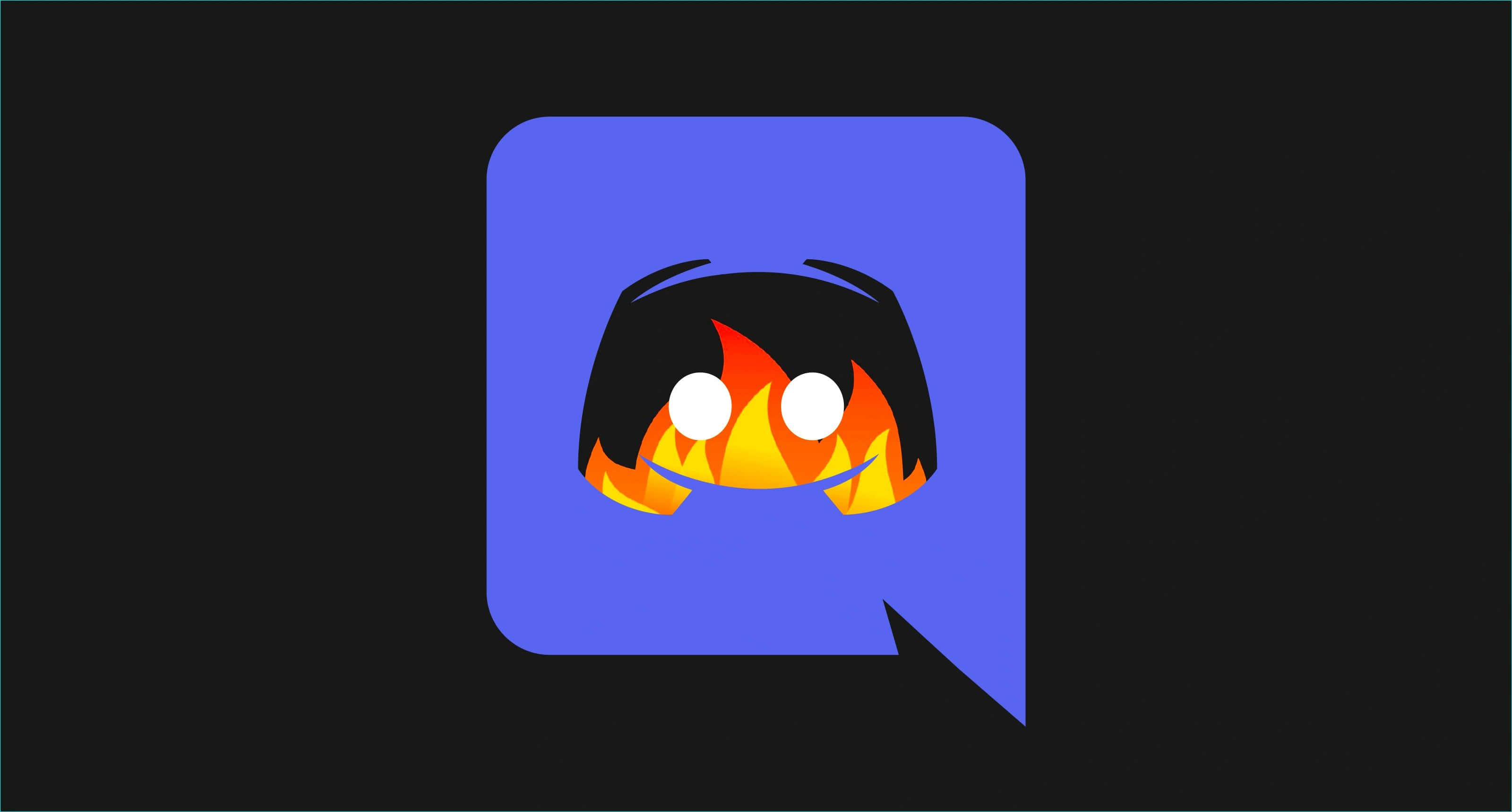 Discord 桌布 壁紙 — 一個黑色頭髮、臉部為熾熱橙色火焰的卡通角色，從深色背景上的藍色對話氣泡中探出頭來。