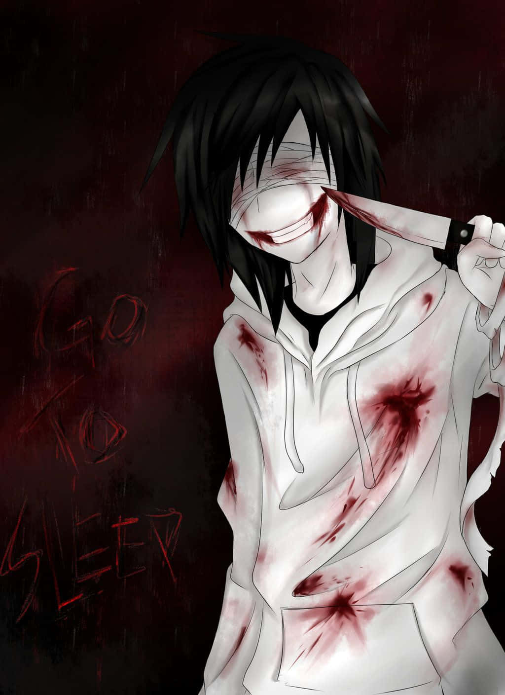 Jeff The Killer 桌布 壁紙 — 一個黑色頭髮、身穿染血白色連帽衫的黑暗動漫角色，在寫有血字「GO TO SLEEP」的紅牆前將刀架在臉上。