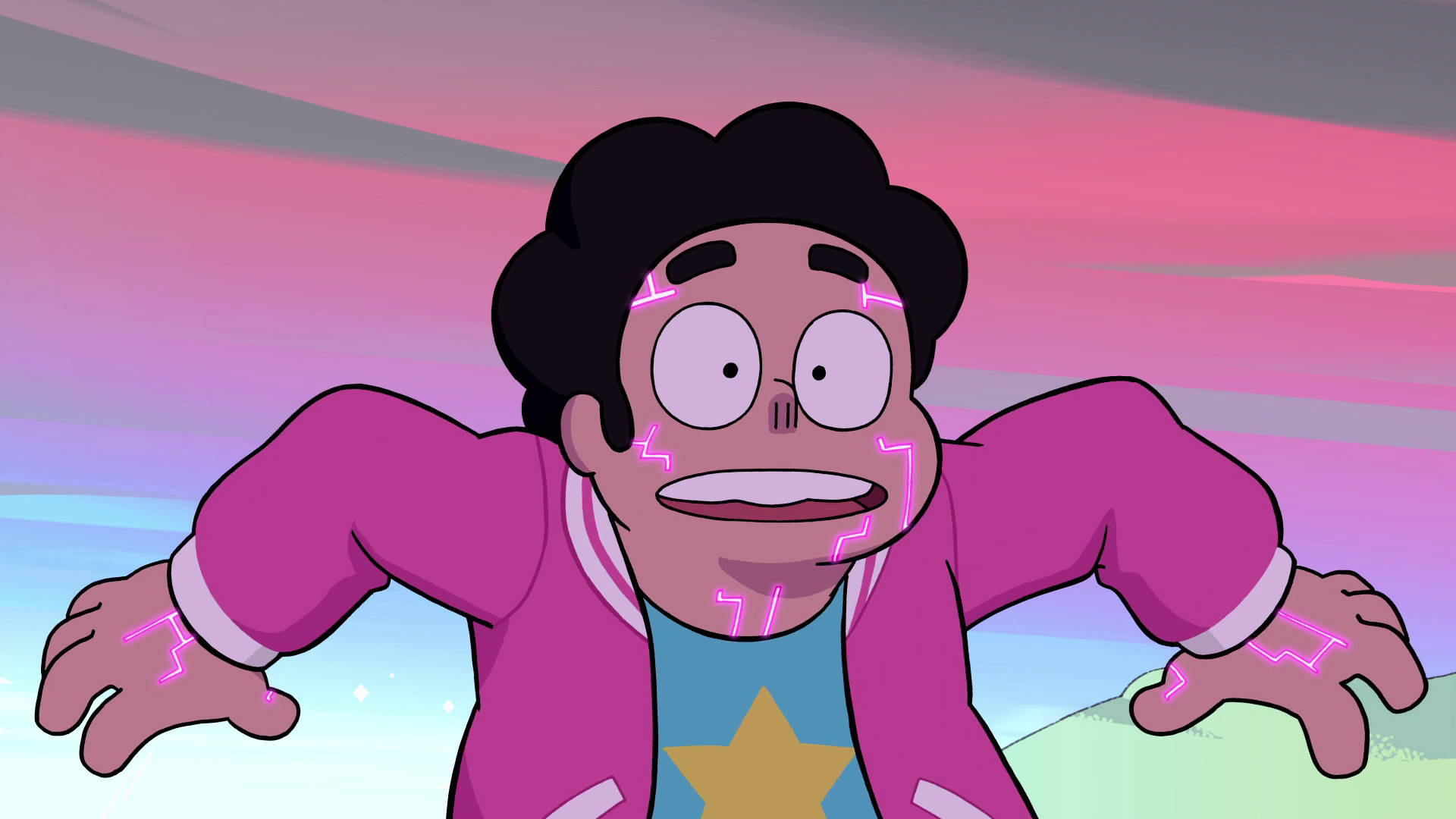Cartoon Network 桌布 壁紙 — 一個黑色頭髮、身穿粉紅色外套的卡通角色，在粉紫色天空下顯得震驚。