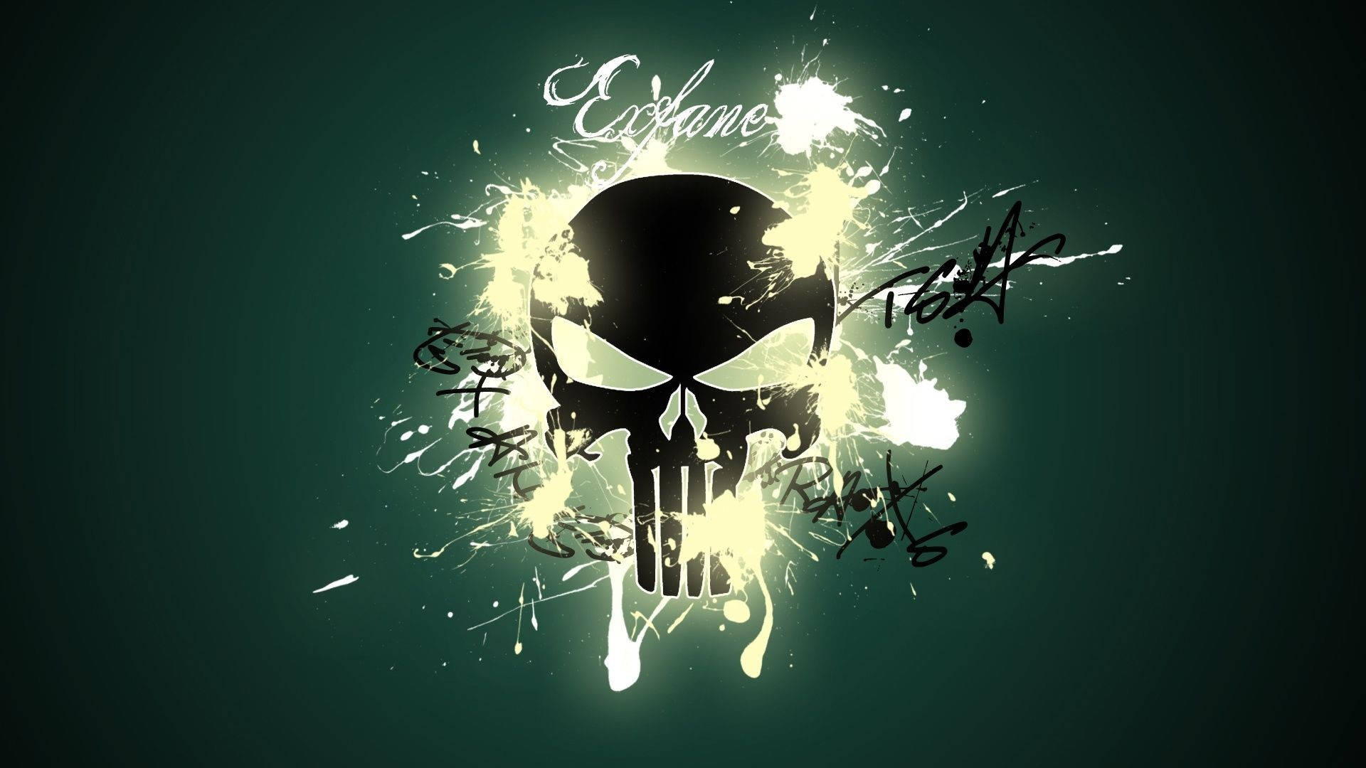 Punisher Logo 桌布 壁紙 — 一個黑色骷髏標誌在深綠色背景上爆裂出白色油漆飛濺。