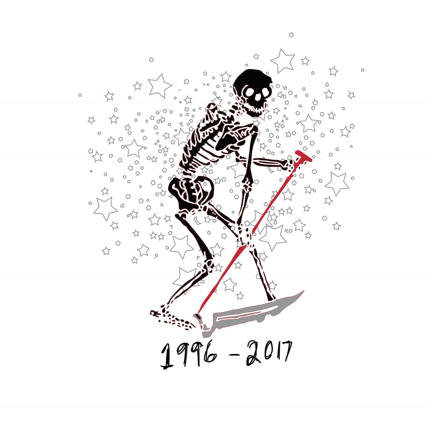 lil peep 動態圖 桌布 壁紙 — 一個黑色骷髏用紅色雪杖滑雪板，背景為白色，佈滿灰色星星和日期1996-2017。