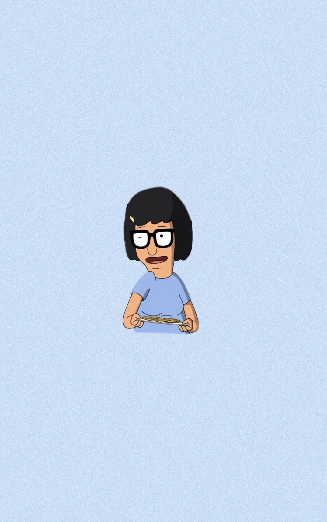 tina 桌布 壁紙 — 一個黑色鮑伯頭、戴眼鏡的卡通角色，在純淺藍色背景上拿著一個盤子。