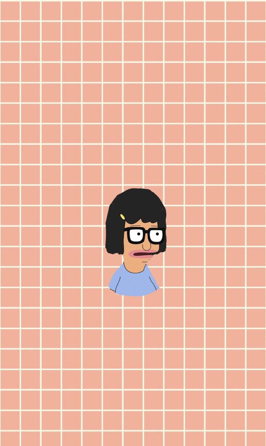 tina 桌布 壁紙 — 一個黑色鮑伯頭、戴眼鏡的卡通角色，在蜜桃色網格背景前茫然凝視。