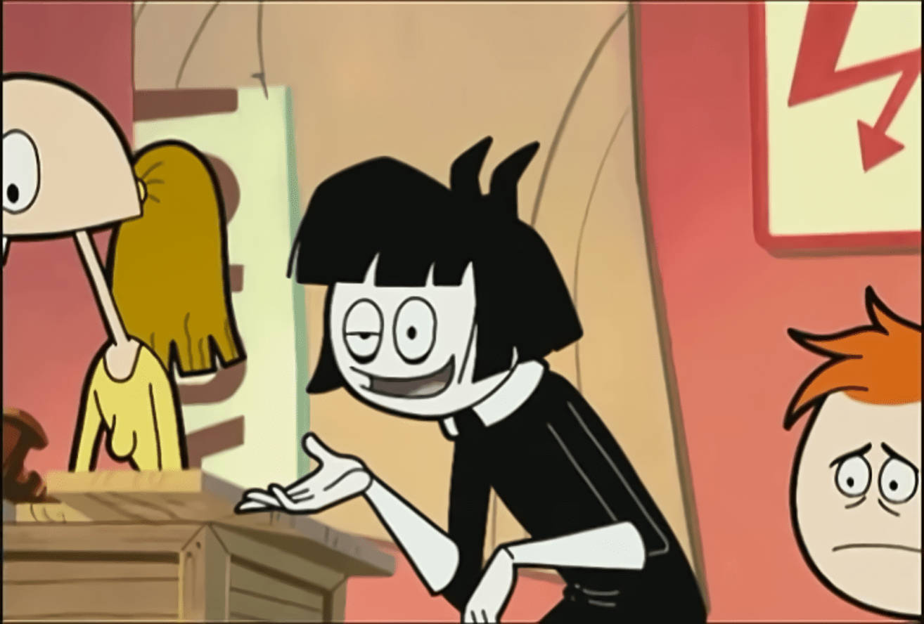 Animated 桌布 壁紙 — 一個黑色鮑伯頭、白色臉的卡通女孩，在溫暖照明的房間裡，對著一張木桌做手勢，咧嘴大笑，旁邊還有其他角色。