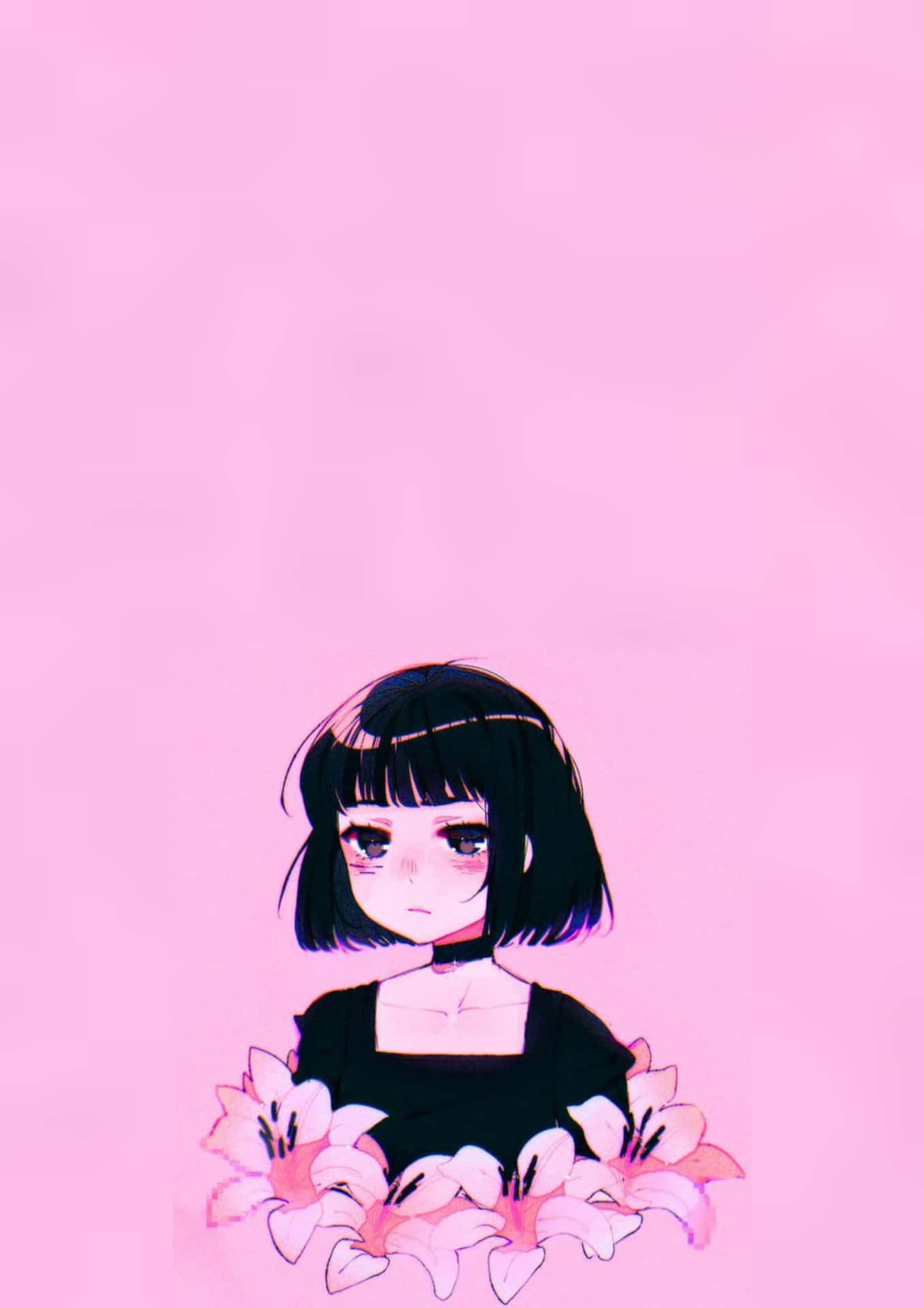 手機 桌布 壁紙 — 一個黑色鮑伯頭髮的憂鬱動漫女孩，在柔和的粉紅色背景前拿著粉紅色的百合花。