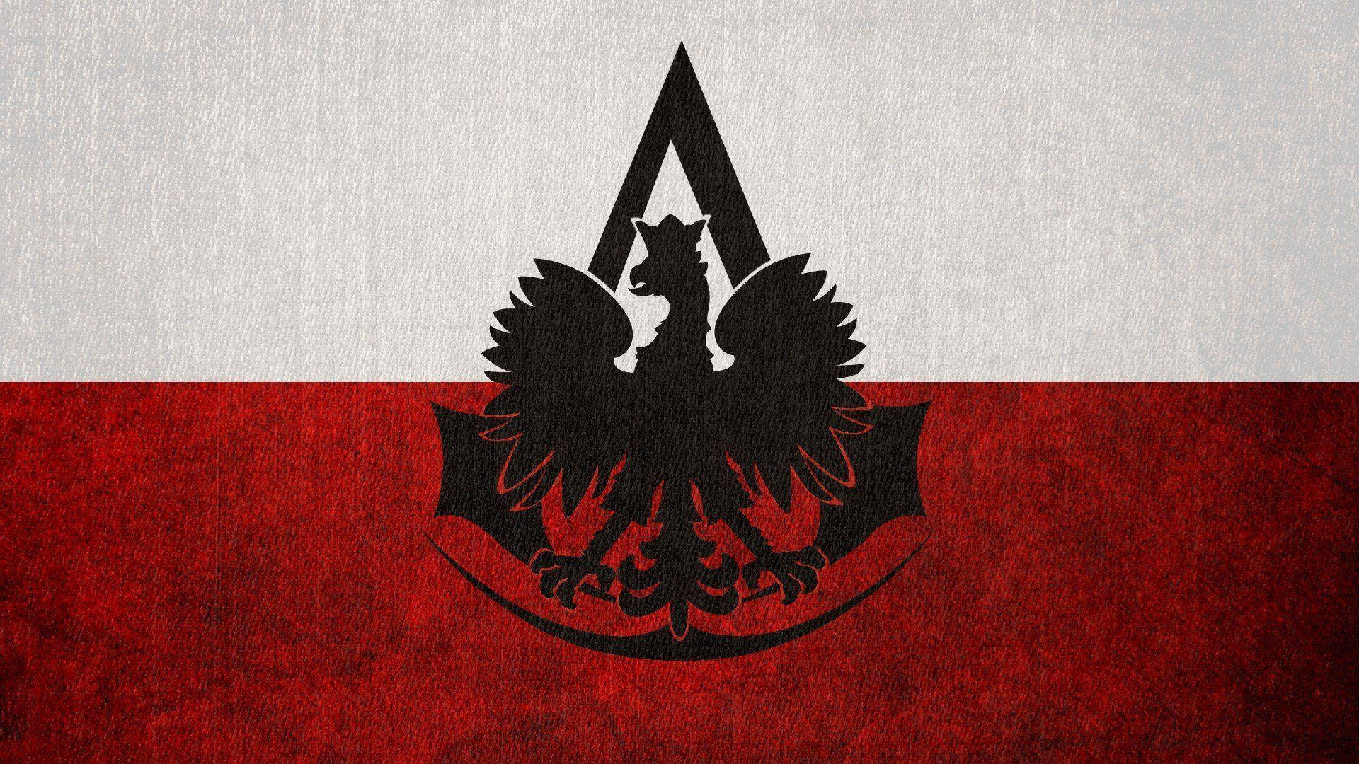 Poland Flag 桌布 壁紙 — 一個黑色鷹徽章，帶有刺客三角形，覆蓋在紅白紋理旗幟上。
